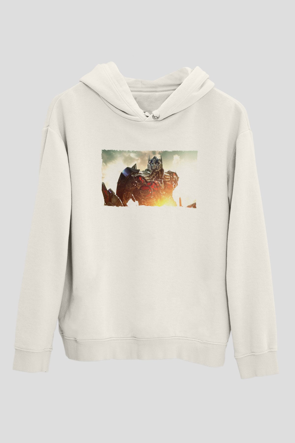 Unisex Optimus Prime Baskılı Beyaz Kapüşonlu Sweatshirt