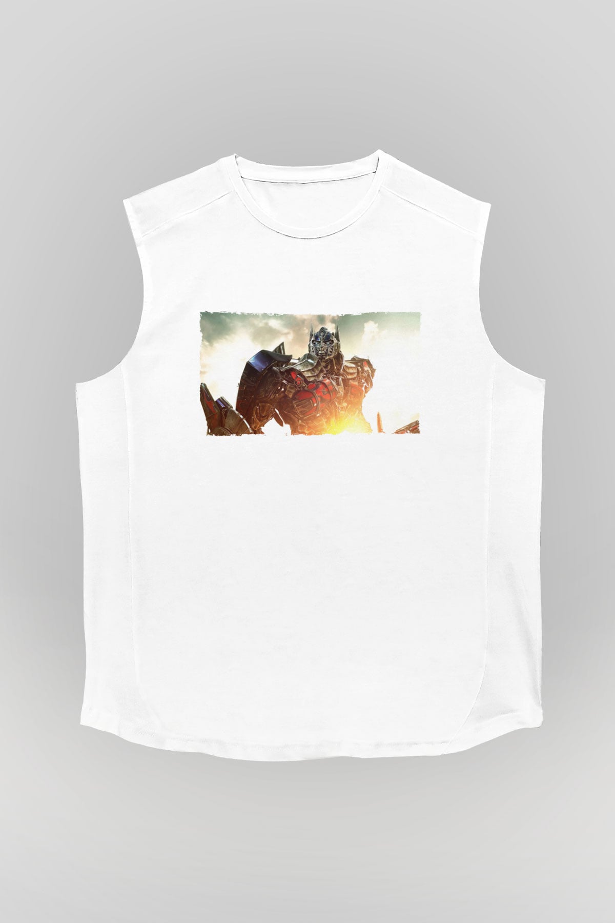 Unisex Optimus Prime Baskılı Beyaz Kolsuz Tişört