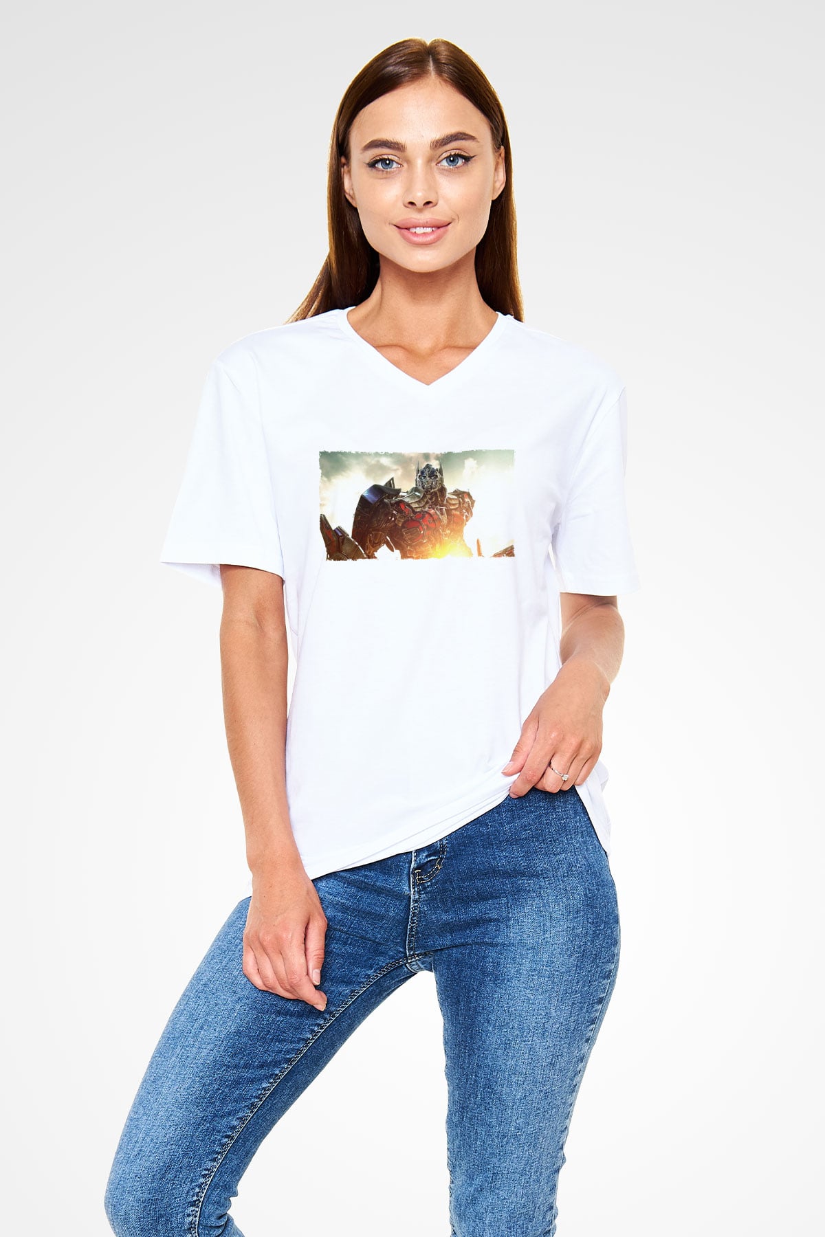 Unisex Optimus Prime Baskılı Beyaz V Yaka Tişört