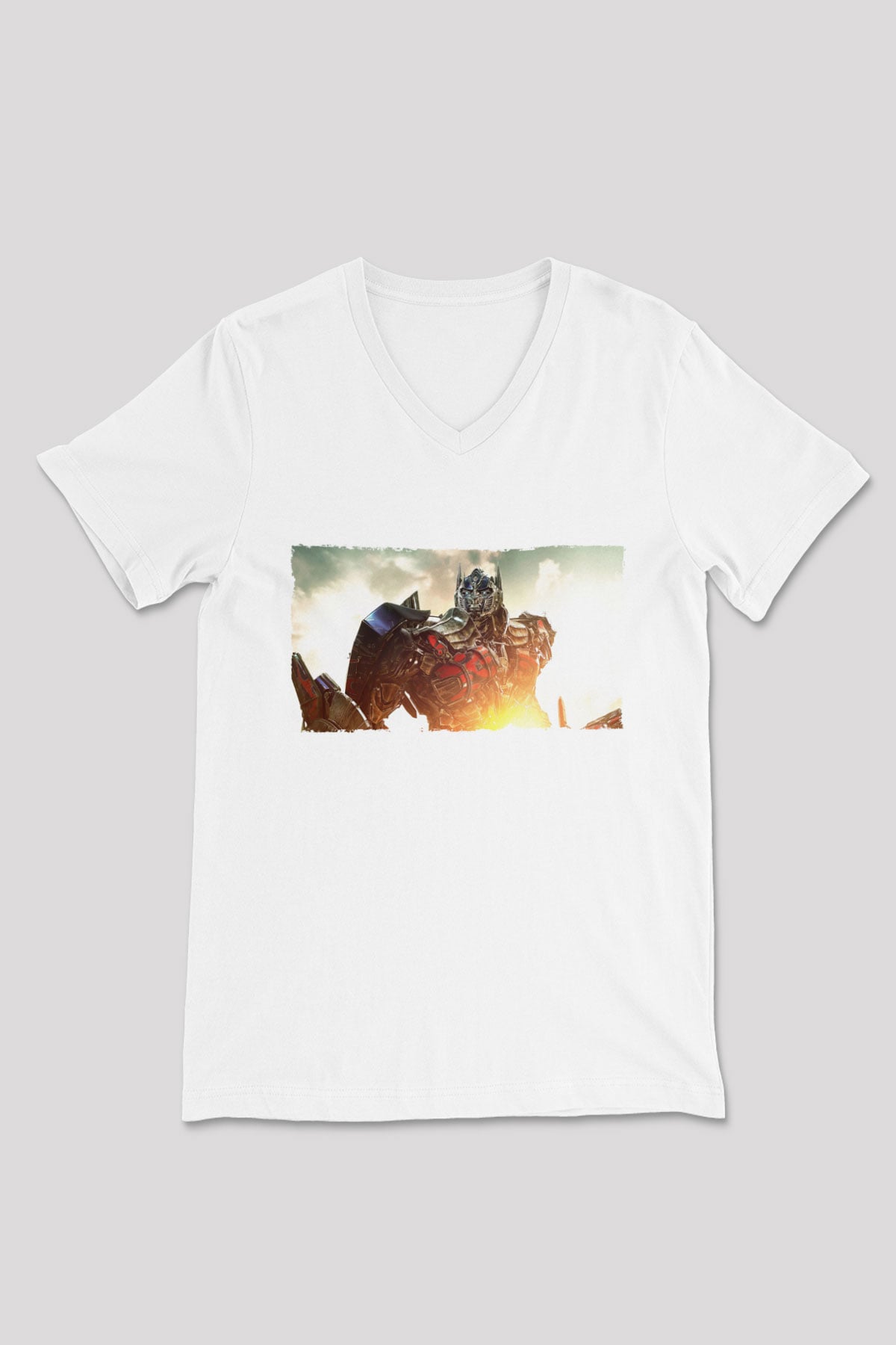 Unisex Optimus Prime Baskılı Beyaz V Yaka Tişört