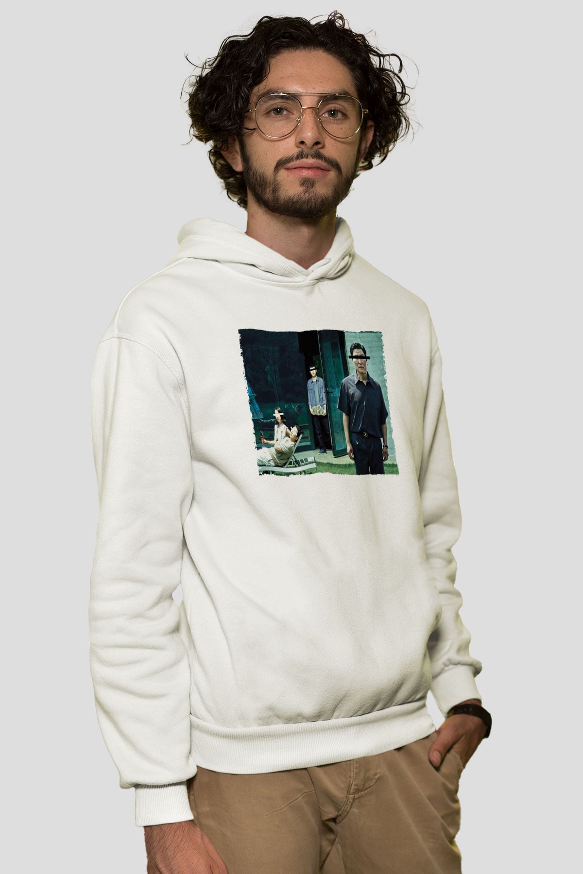 Unisex Parasite-Parazit Beyaz Kapüşonlu Sweatshirt
