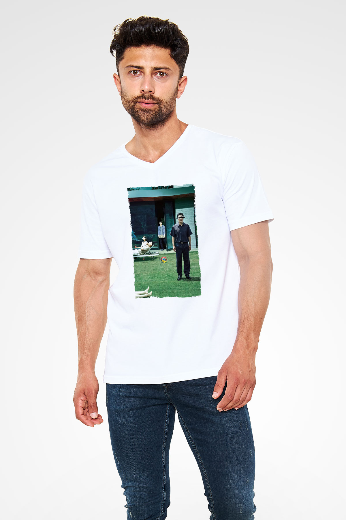 Unisex Parazit (Parasite) Baskılı Beyaz V Yaka Tişört