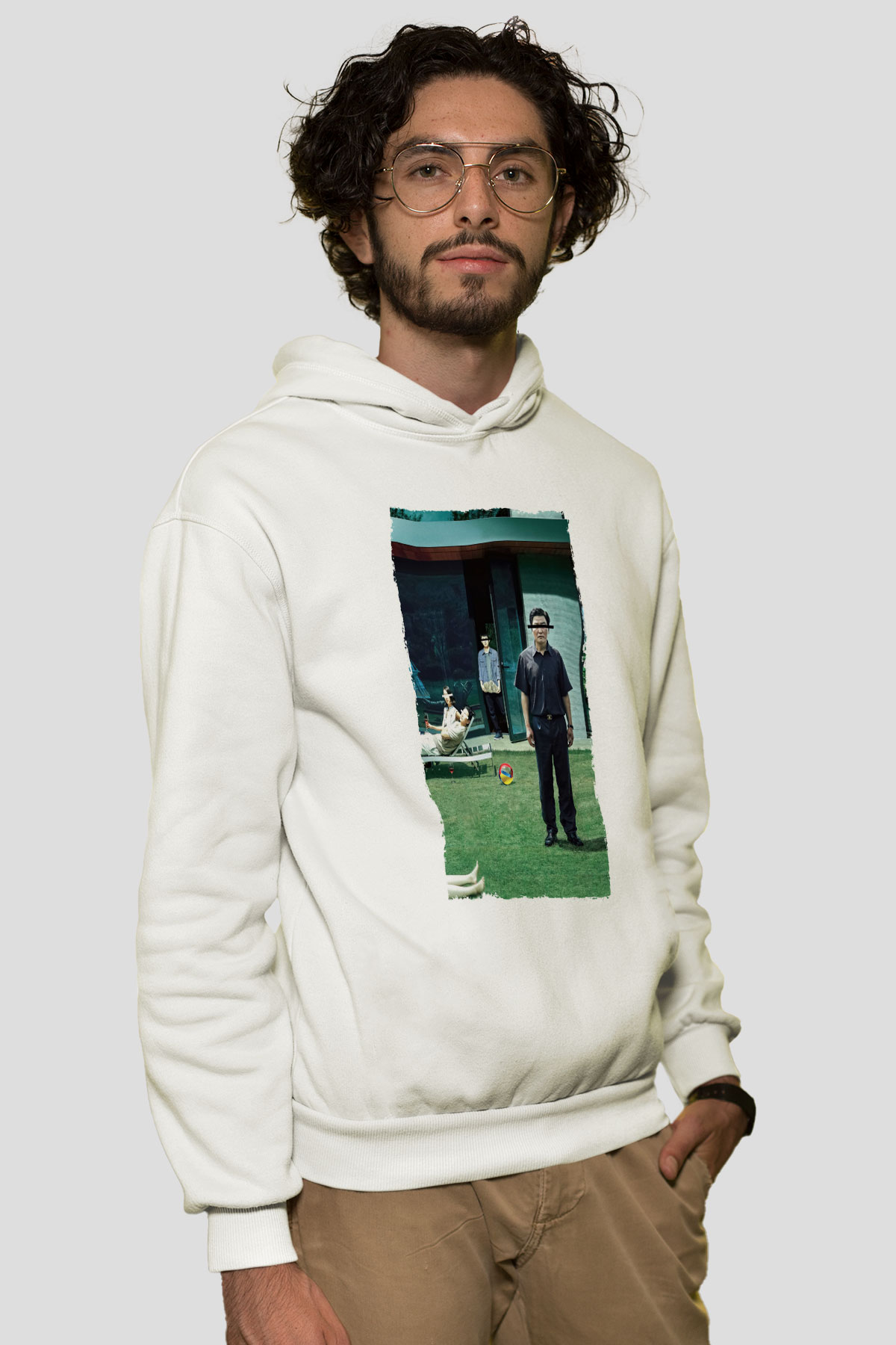 Unisex Parazit (Parasite) Baskılı Beyaz Kapüşonlu Sweatshirt