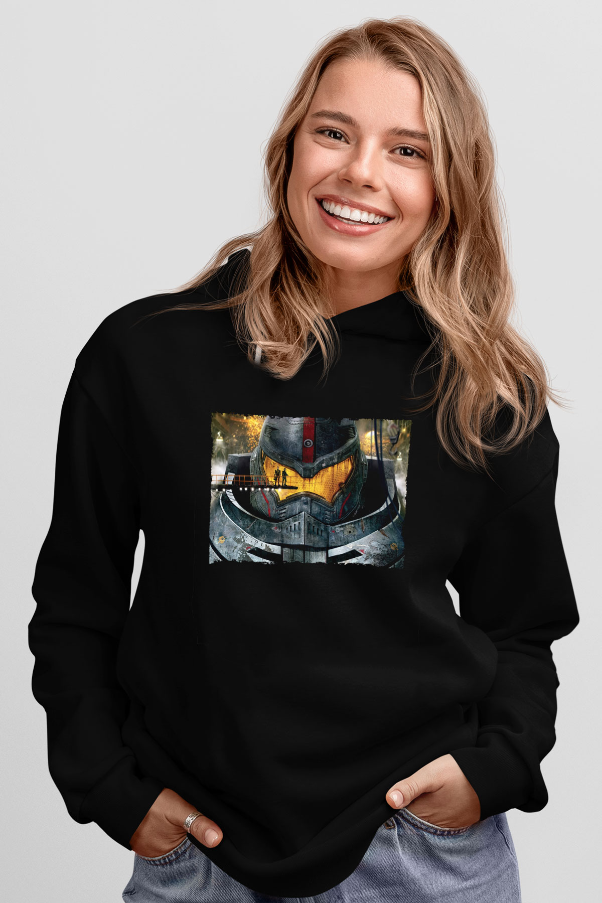Unisex Pasifik Savaşı (Pacific Rim) Baskılı Siyah Kapüşonlu Sweatshirt