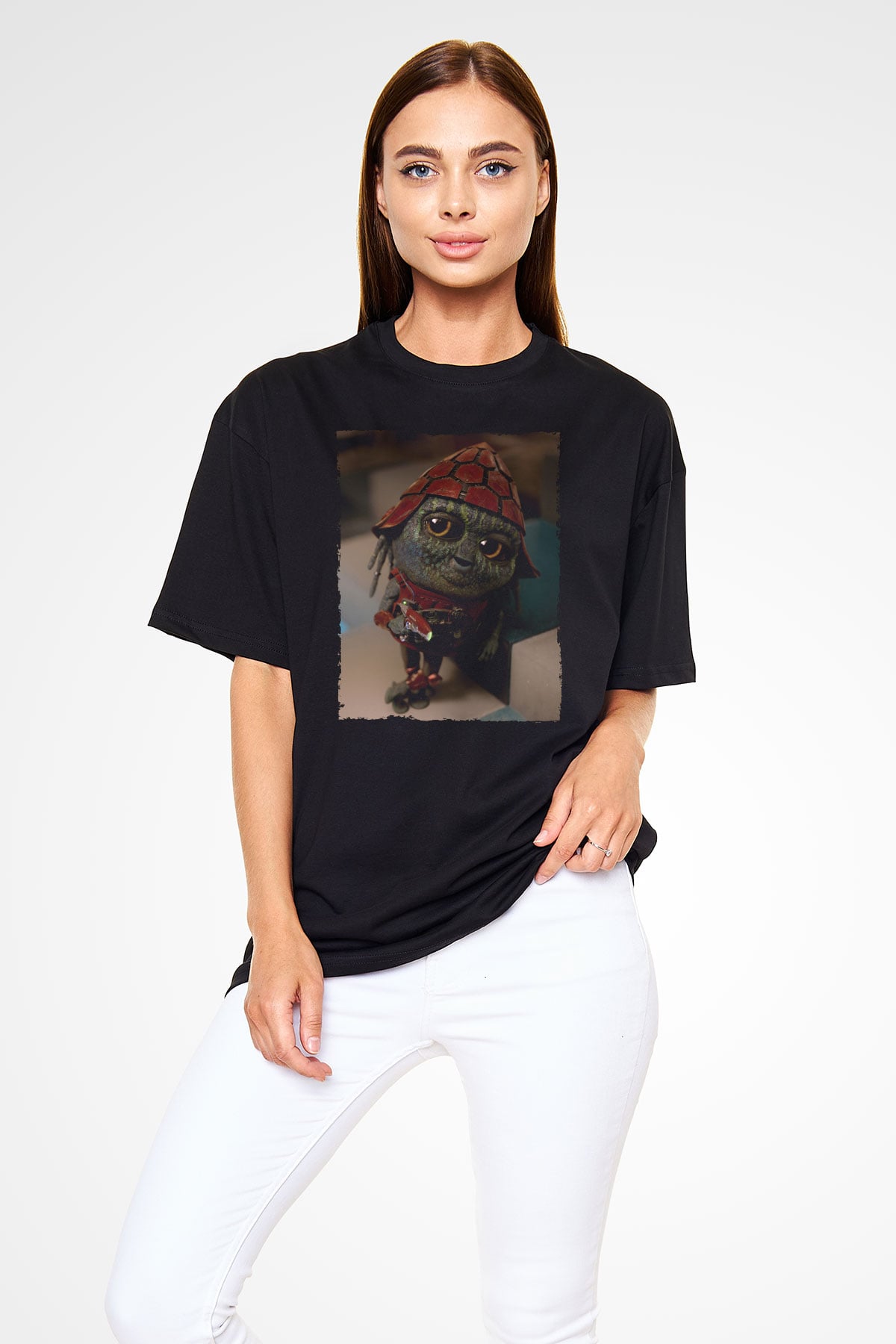 Unisex Pawny Baskılı Siyah Oversize T-shirt