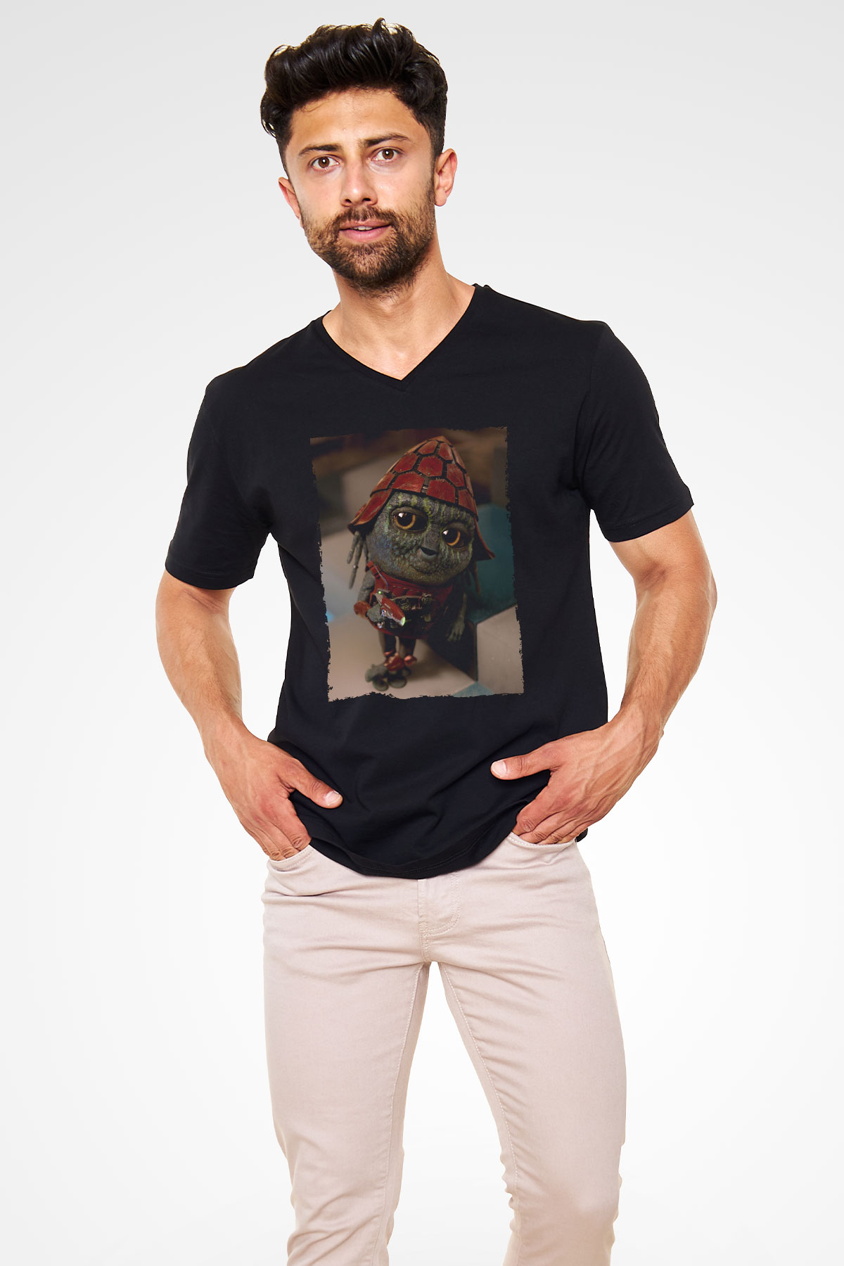 Unisex Pawny Baskılı Siyah V Yaka T-shirt