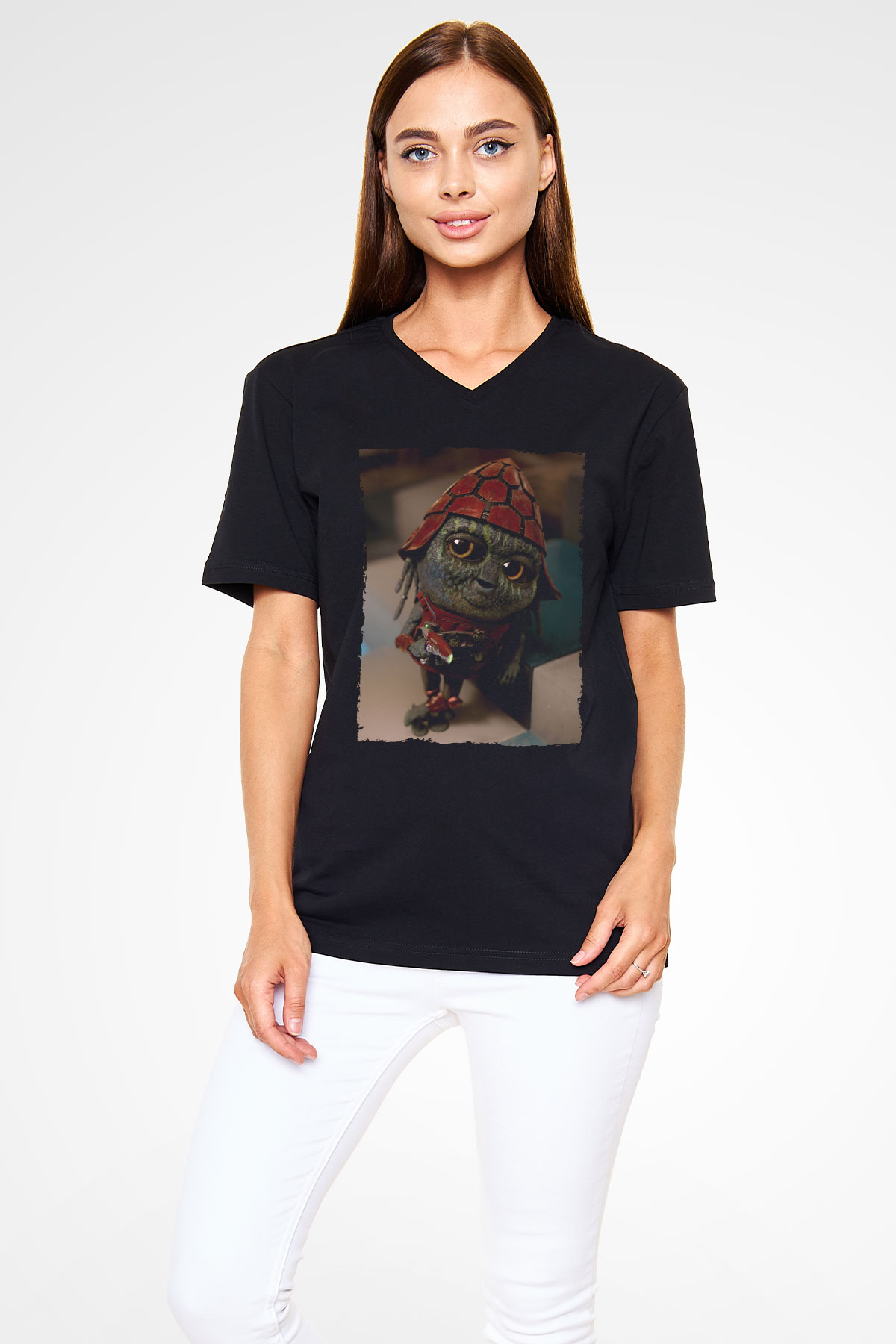 Unisex Pawny Baskılı Siyah V Yaka T-shirt