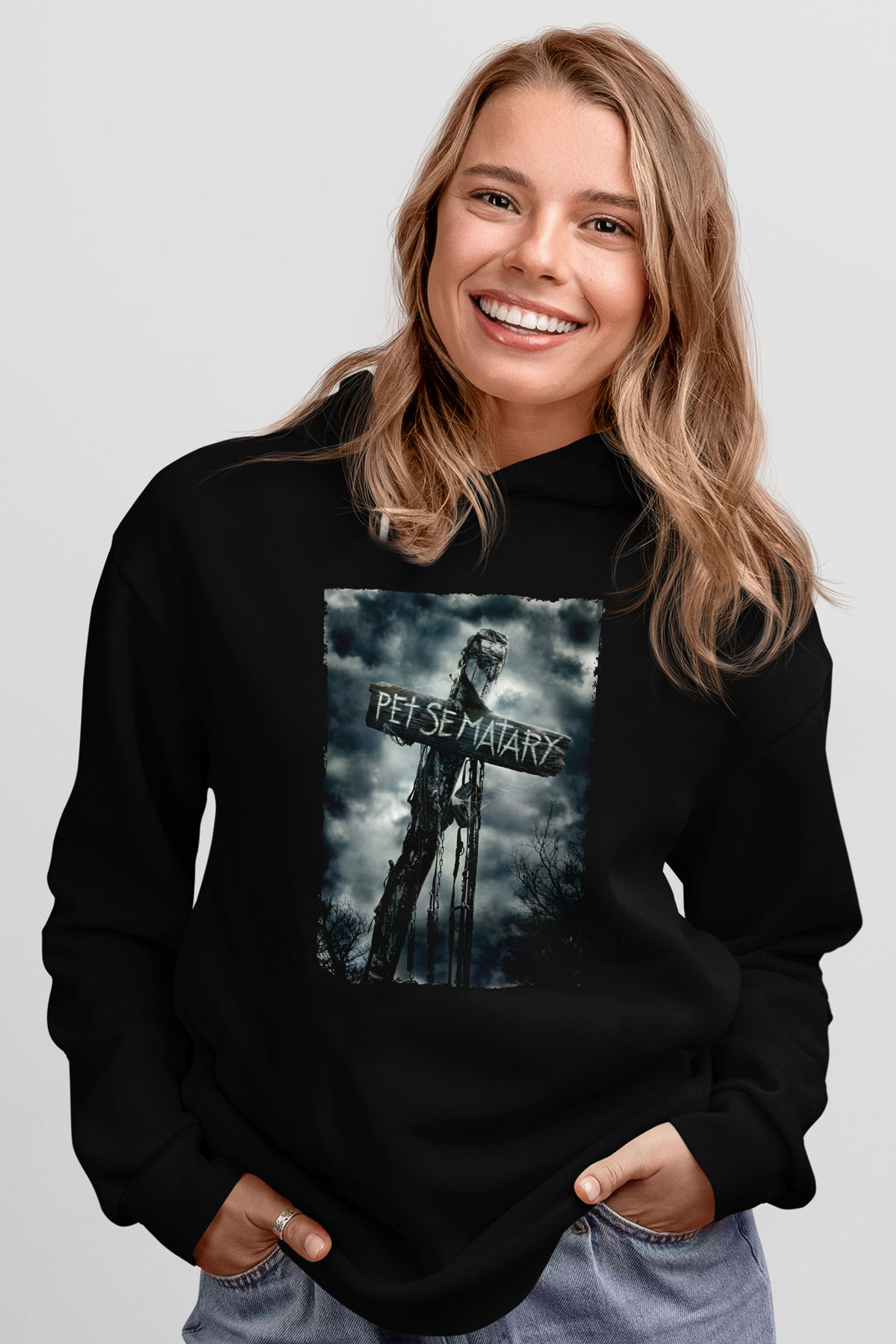 Unisex Pet Sematary Baskılı Siyah Kapüşonlu Sweatshirt
