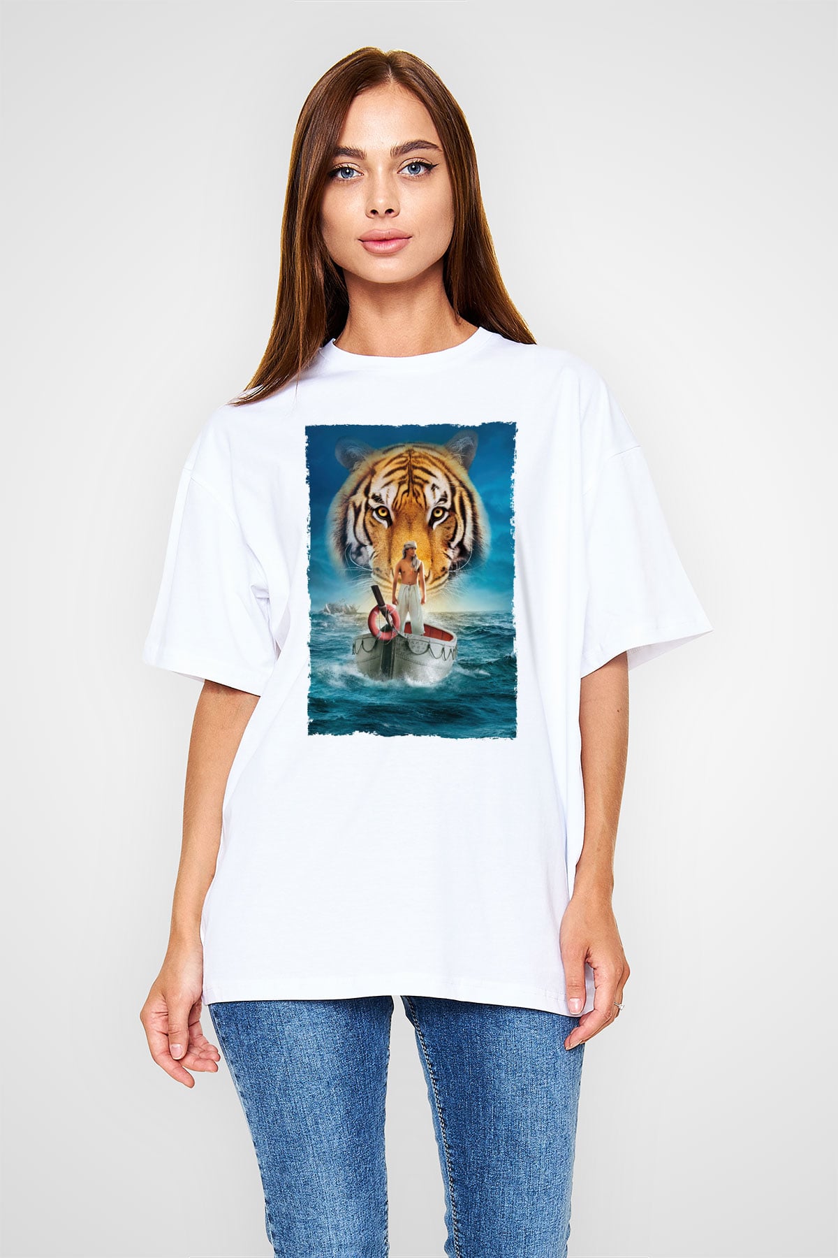 Unisex Pinin Yaşamı (Life of Pi) Baskılı Beyaz Oversize Oversize T-shirt