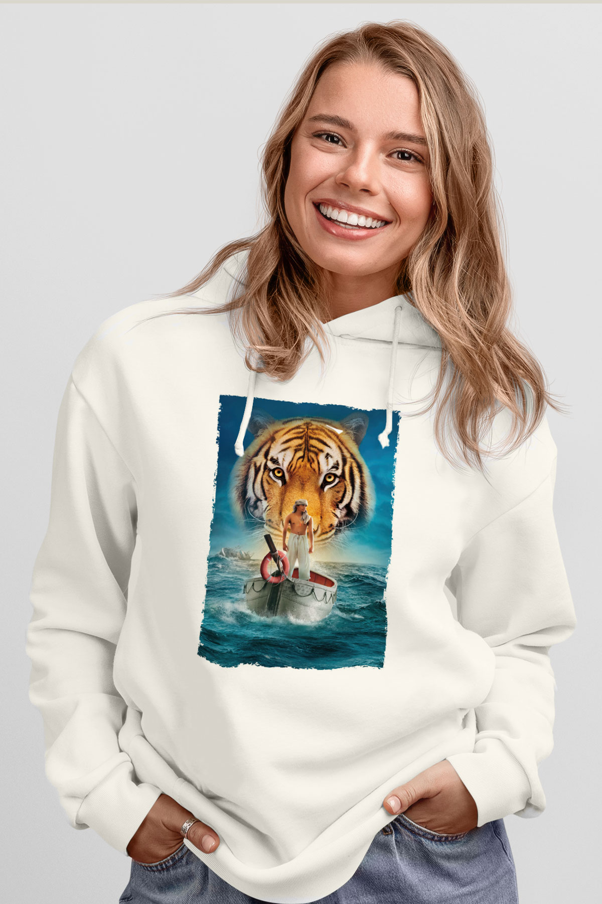Unisex Pinin Yaşamı (Life of Pi) Baskılı Beyaz Kapüşonlu Sweatshirt
