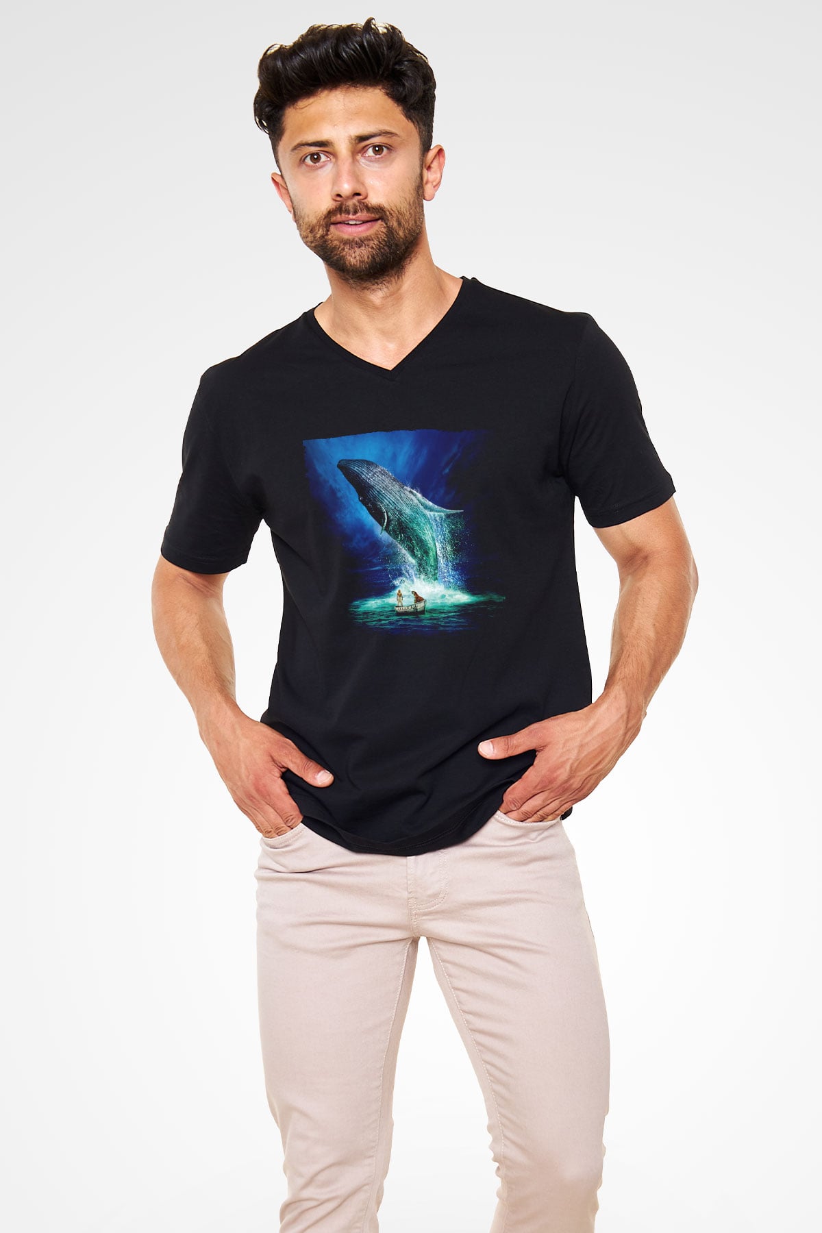 Unisex Pinin Yaşamı (Life of Pi) Baskılı Siyah V Yaka Tshirt