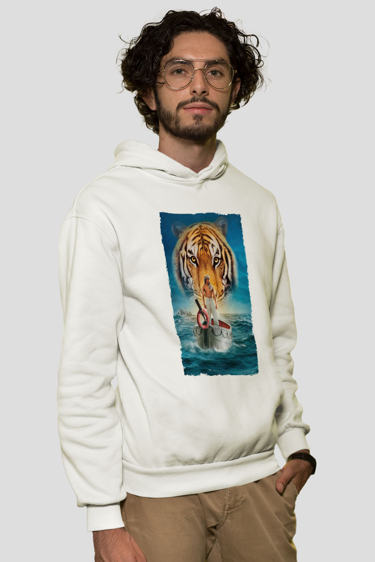 Unisex Pinin Yaşamı (Life of Pi) Baskılı Beyaz Kapüşonlu Sweatshirt