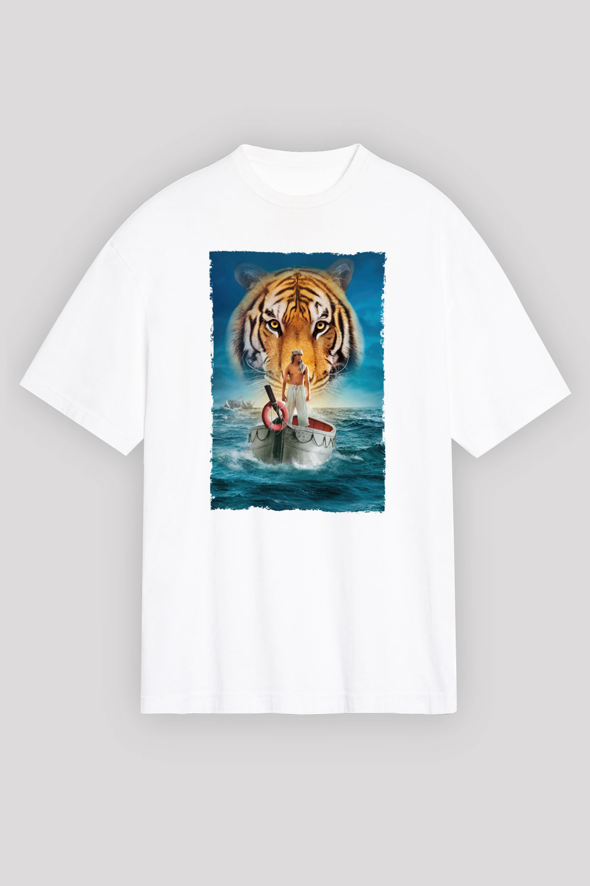 Unisex Pinin Yaşamı (Life of Pi) Baskılı Beyaz Oversize Oversize T-shirt