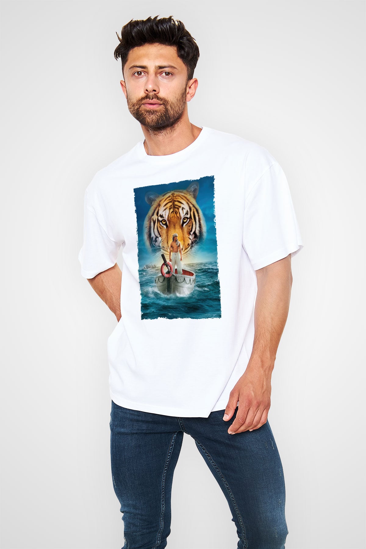 Unisex Pinin Yaşamı (Life of Pi) Baskılı Beyaz Oversize Oversize T-shirt