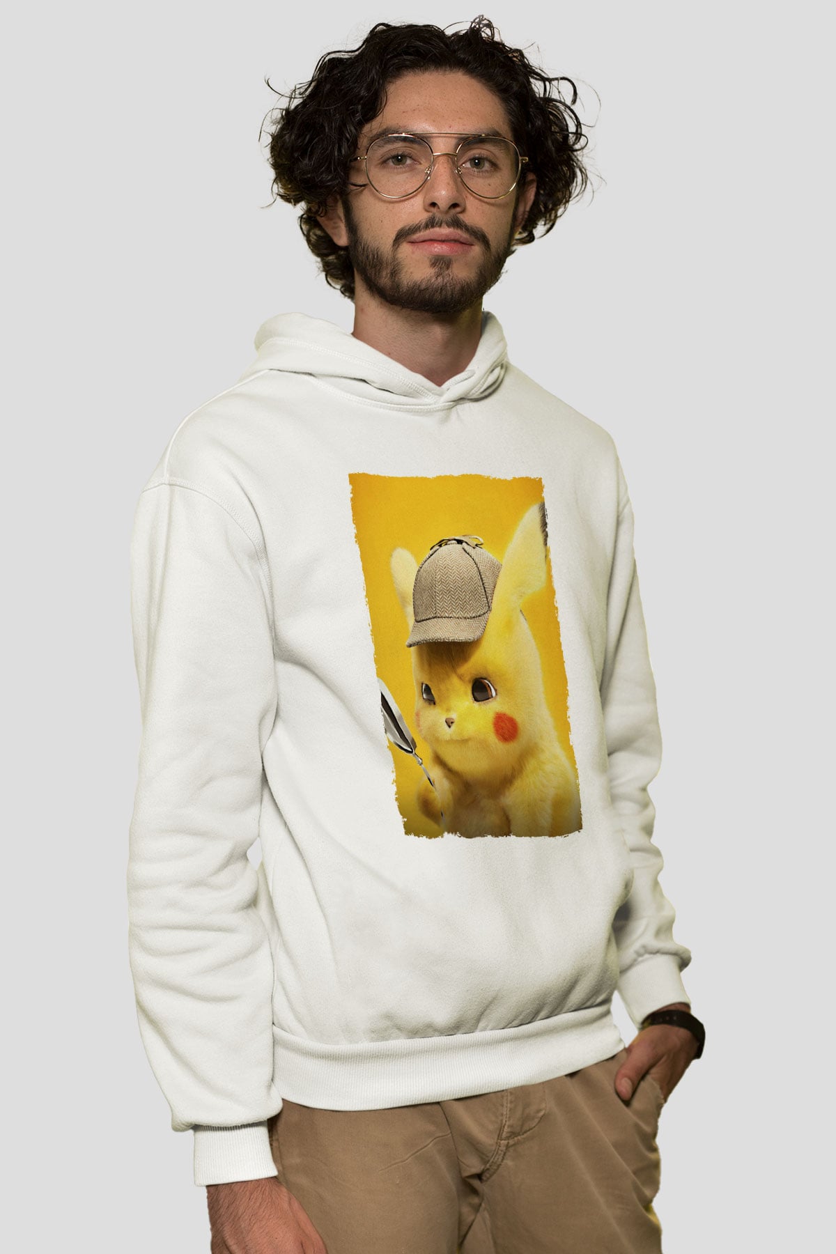Unisex Pokémon Dedektif Pikachu (Pokémon Detective Pikachu) Baskılı Beyaz Kapüşonlu Sweatshirt