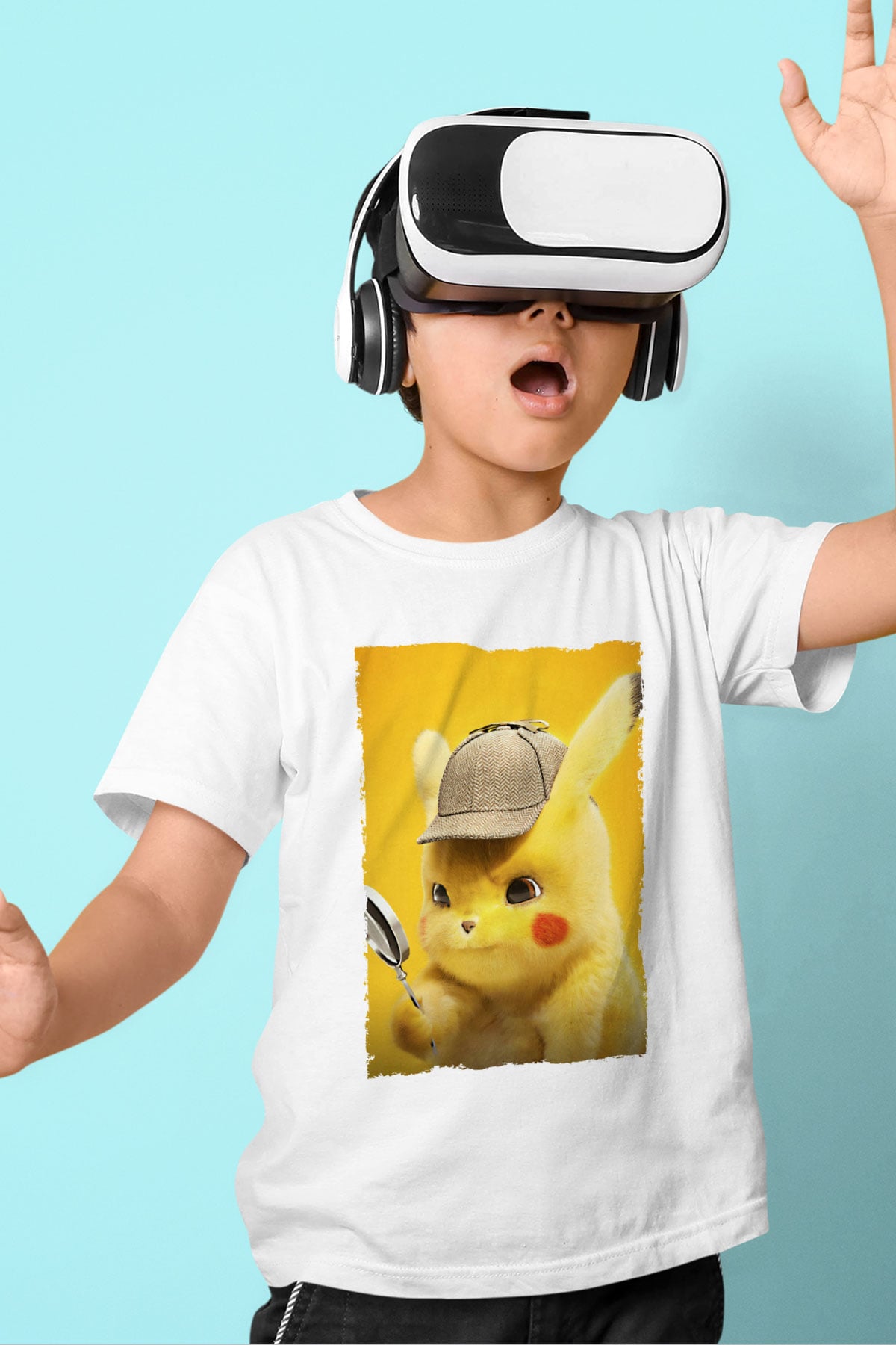 Unisex Pokémon Dedektif Pikachu (Pokémon Detective Pikachu) Baskılı Beyaz Çocuk Tshirt
