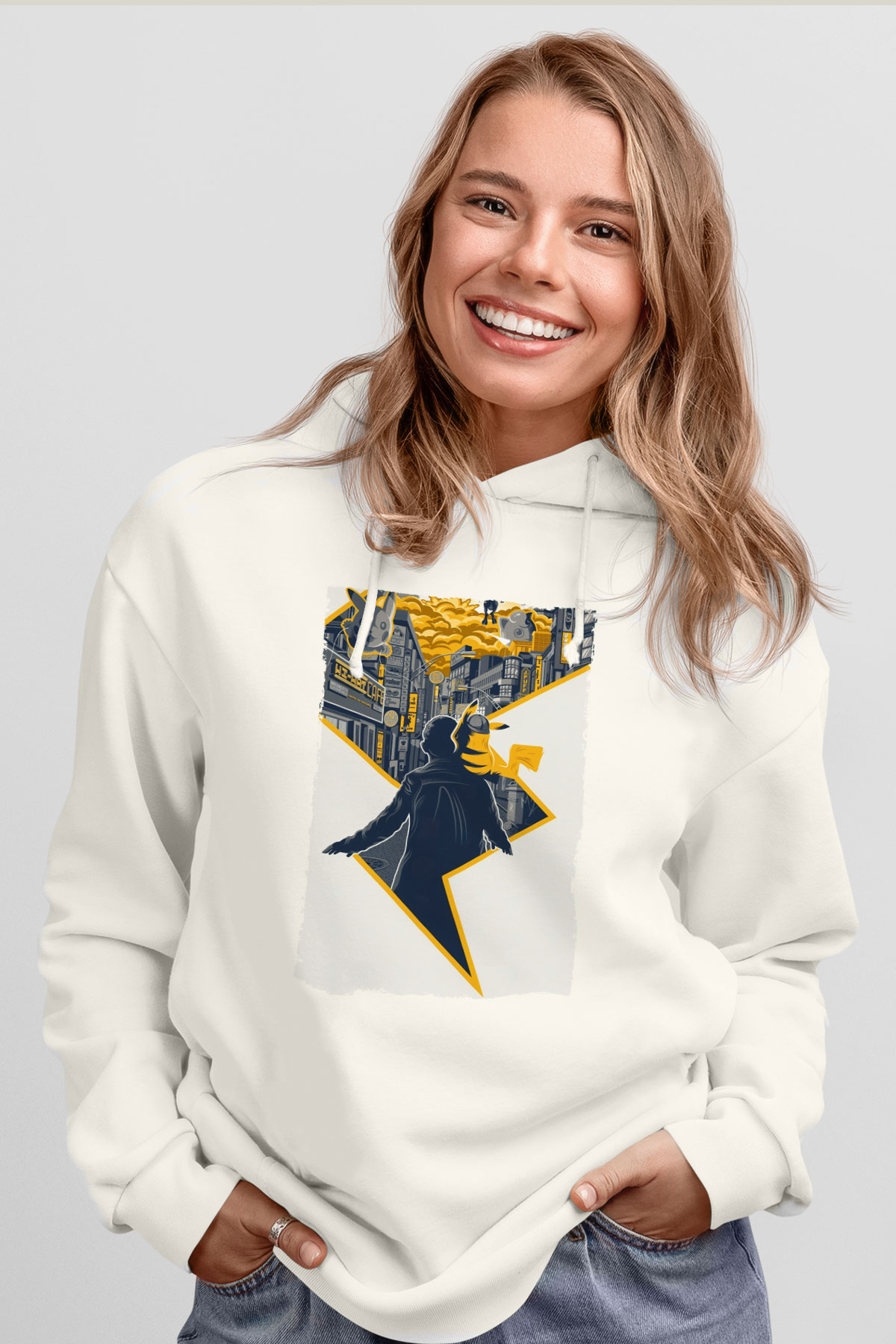 Unisex Pokémon Dedektif Pikachu (Pokémon Detective Pikachu) Baskılı Beyaz Kapüşonlu Sweatshirt