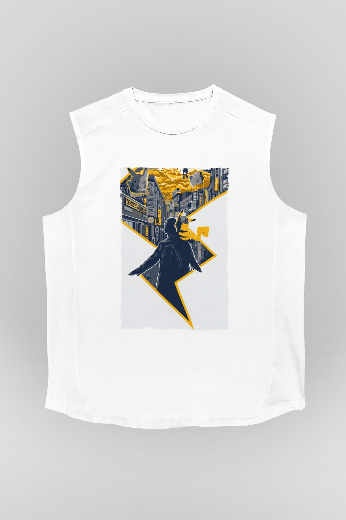 Unisex Pokémon Dedektif Pikachu (Pokémon Detective Pikachu) Baskılı Beyaz Kolsuz Tişört