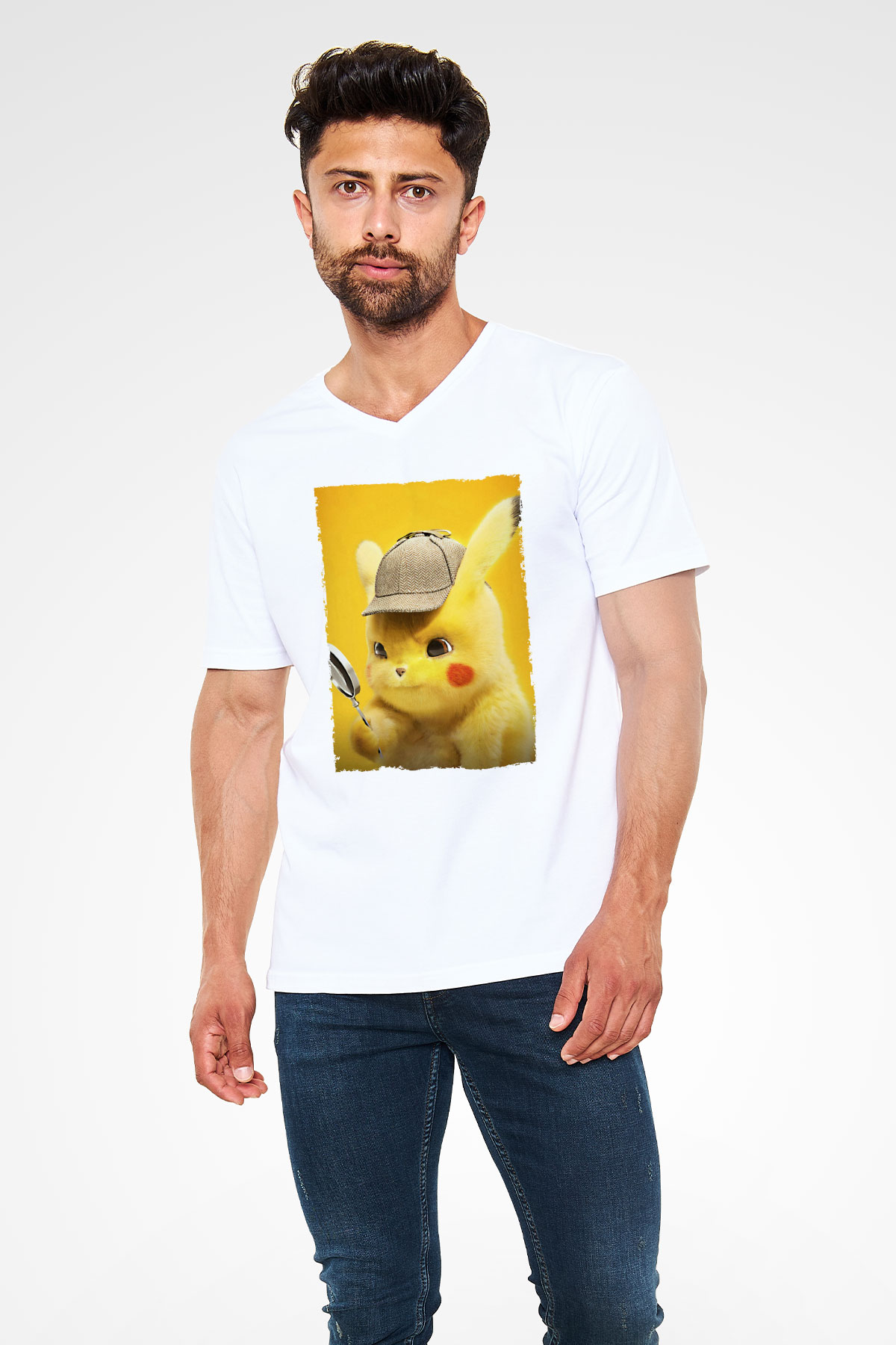 Unisex Pokémon Dedektif Pikachu (Pokémon Detective Pikachu) Baskılı Beyaz V Yaka T-shirt