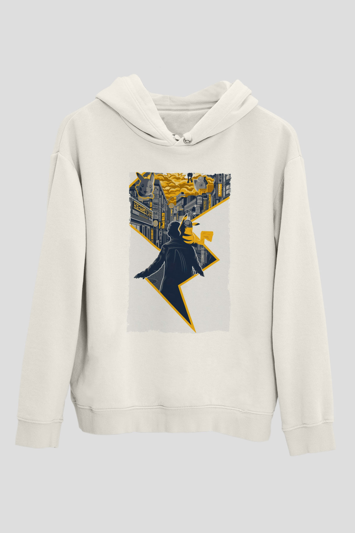 Unisex Pokémon Dedektif Pikachu (Pokémon Detective Pikachu) Baskılı Beyaz Kapüşonlu Sweatshirt