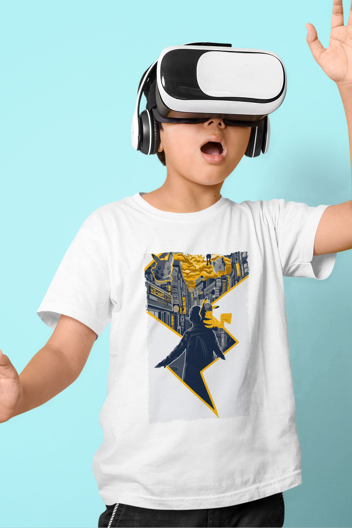 Unisex Pokémon Dedektif Pikachu (Pokémon Detective Pikachu) Baskılı Beyaz Çocuk Tişört