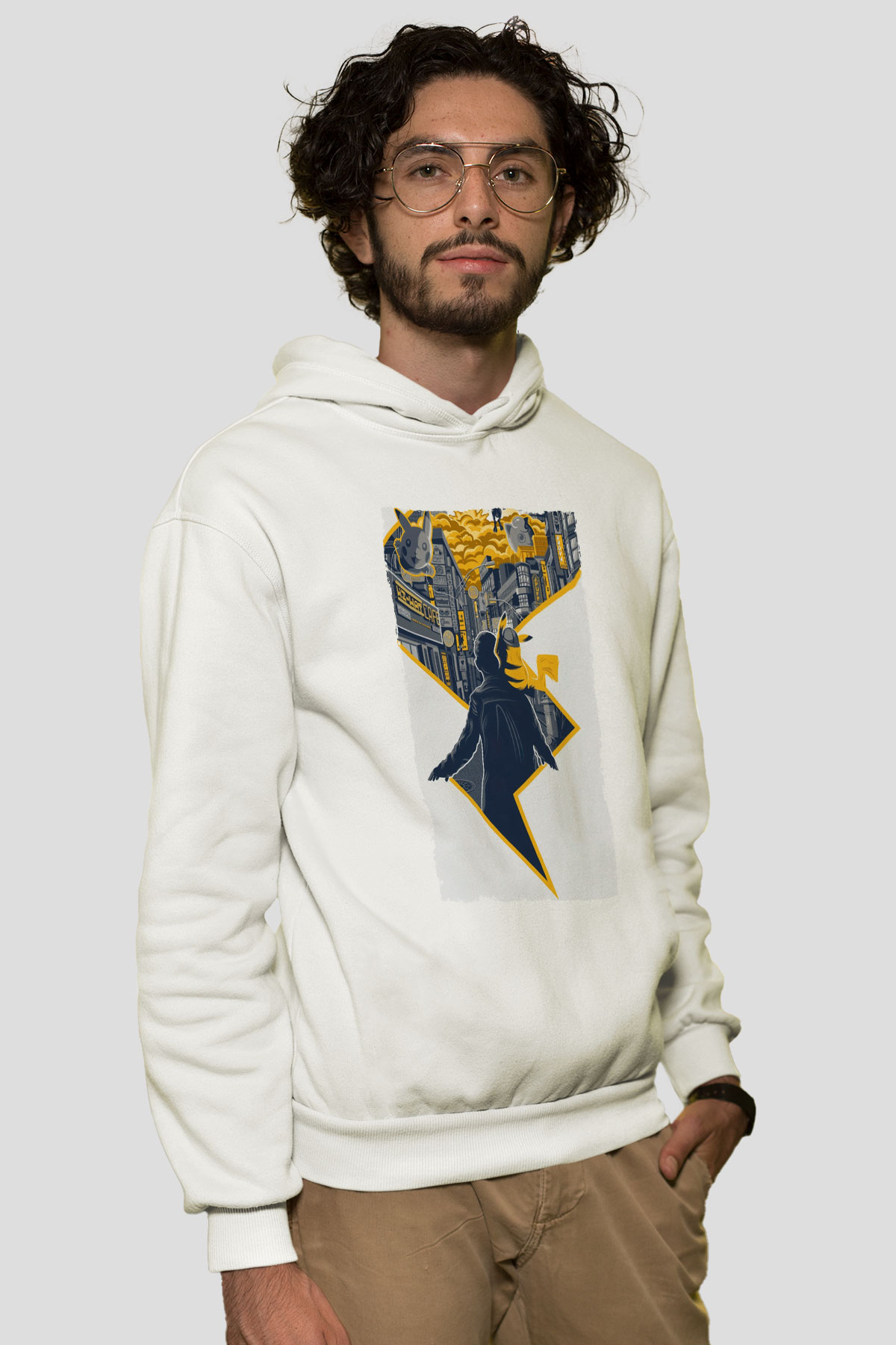 Unisex Pokémon Dedektif Pikachu (Pokémon Detective Pikachu) Baskılı Beyaz Kapüşonlu Sweatshirt