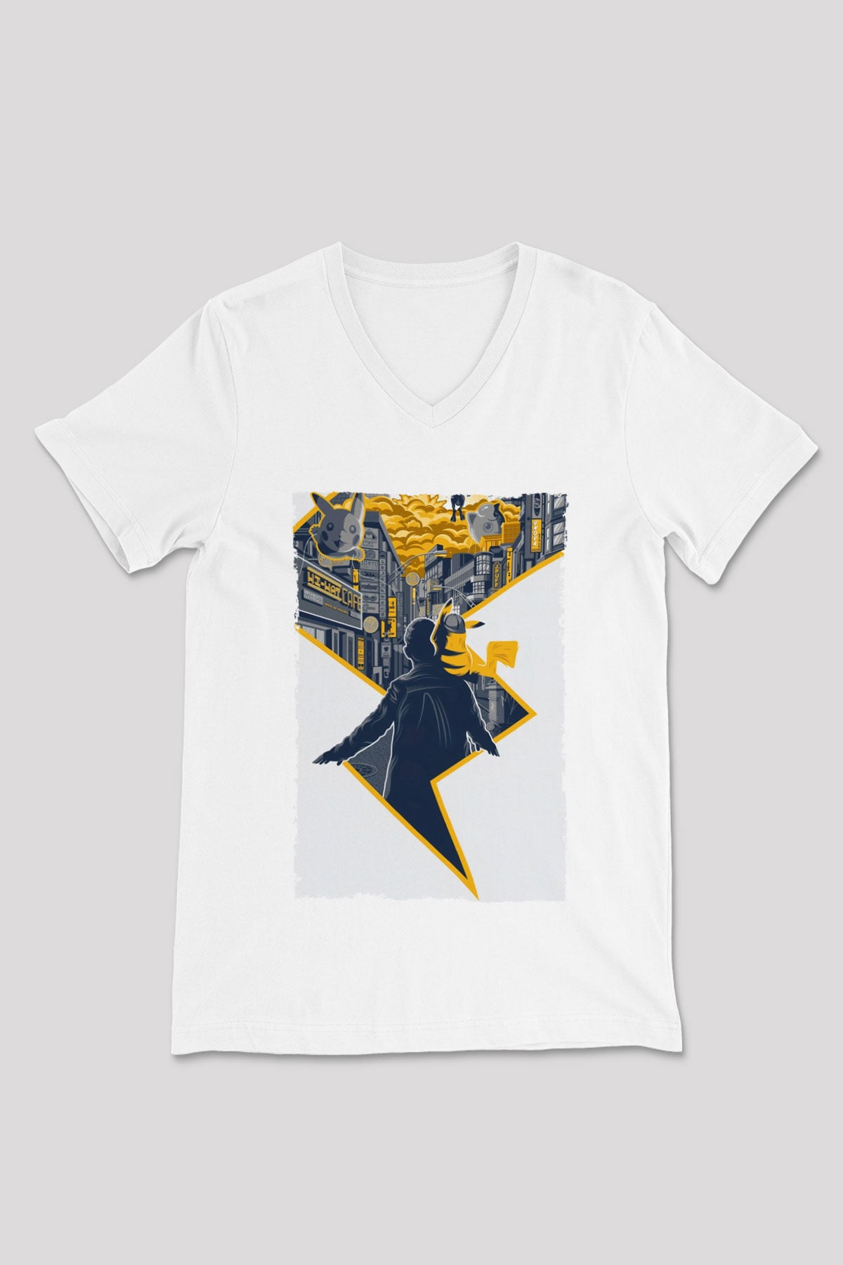 Unisex Pokémon Dedektif Pikachu (Pokémon Detective Pikachu) Baskılı Beyaz V Yaka Tişört