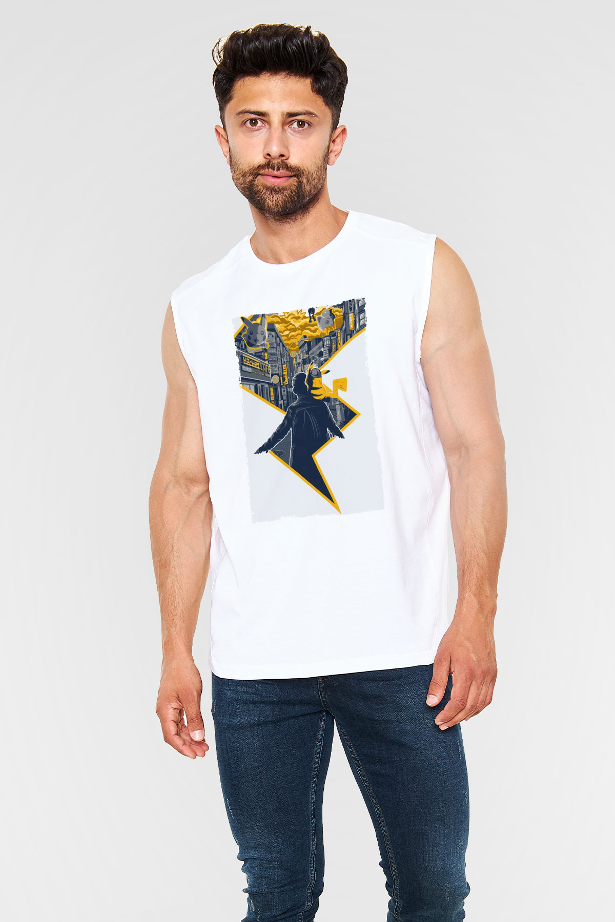 Unisex Pokémon Dedektif Pikachu (Pokémon Detective Pikachu) Baskılı Beyaz Kolsuz Tişört