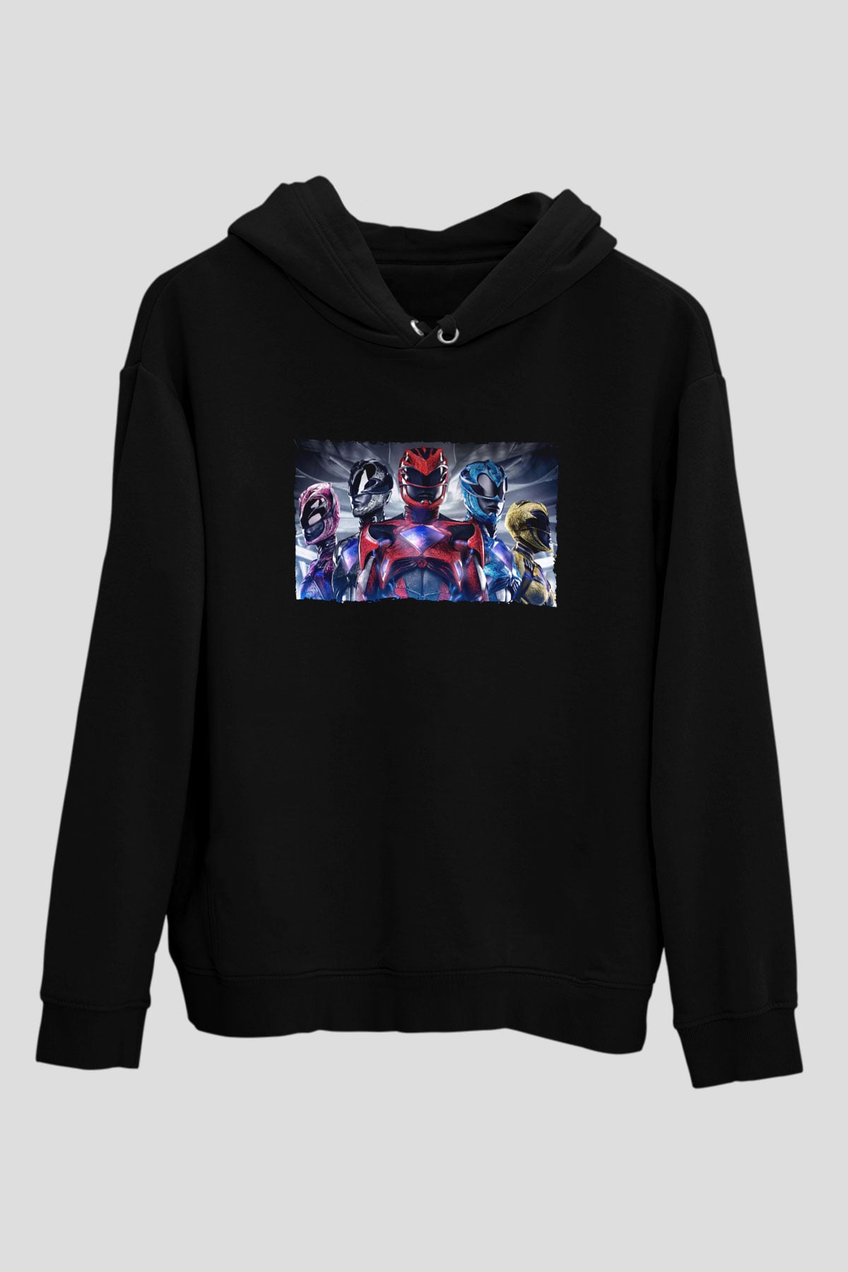 Unisex Power Rangers Baskılı Siyah Kapüşonlu Sweatshirt