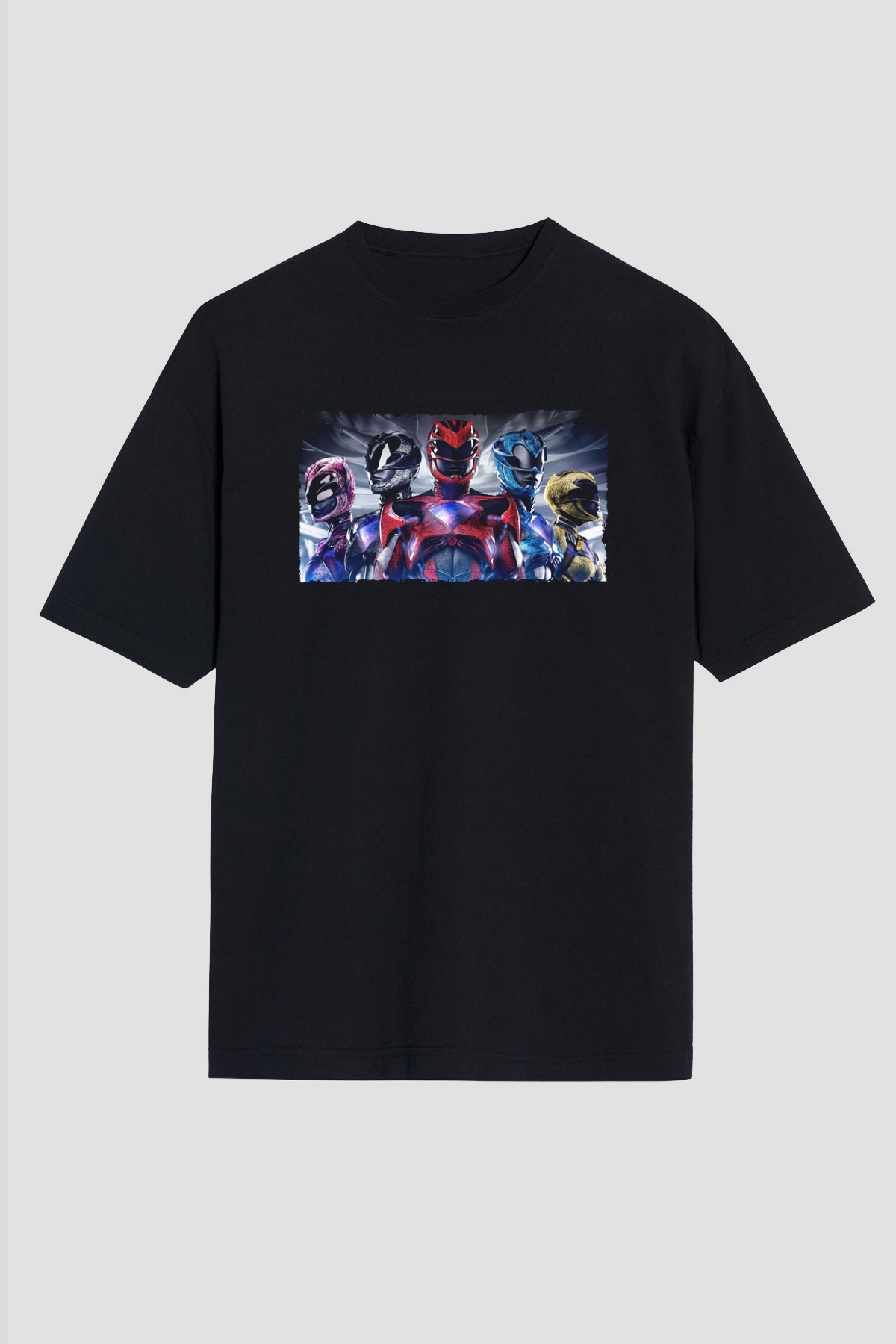 Unisex Power Rangers Baskılı Siyah Oversize Tişört