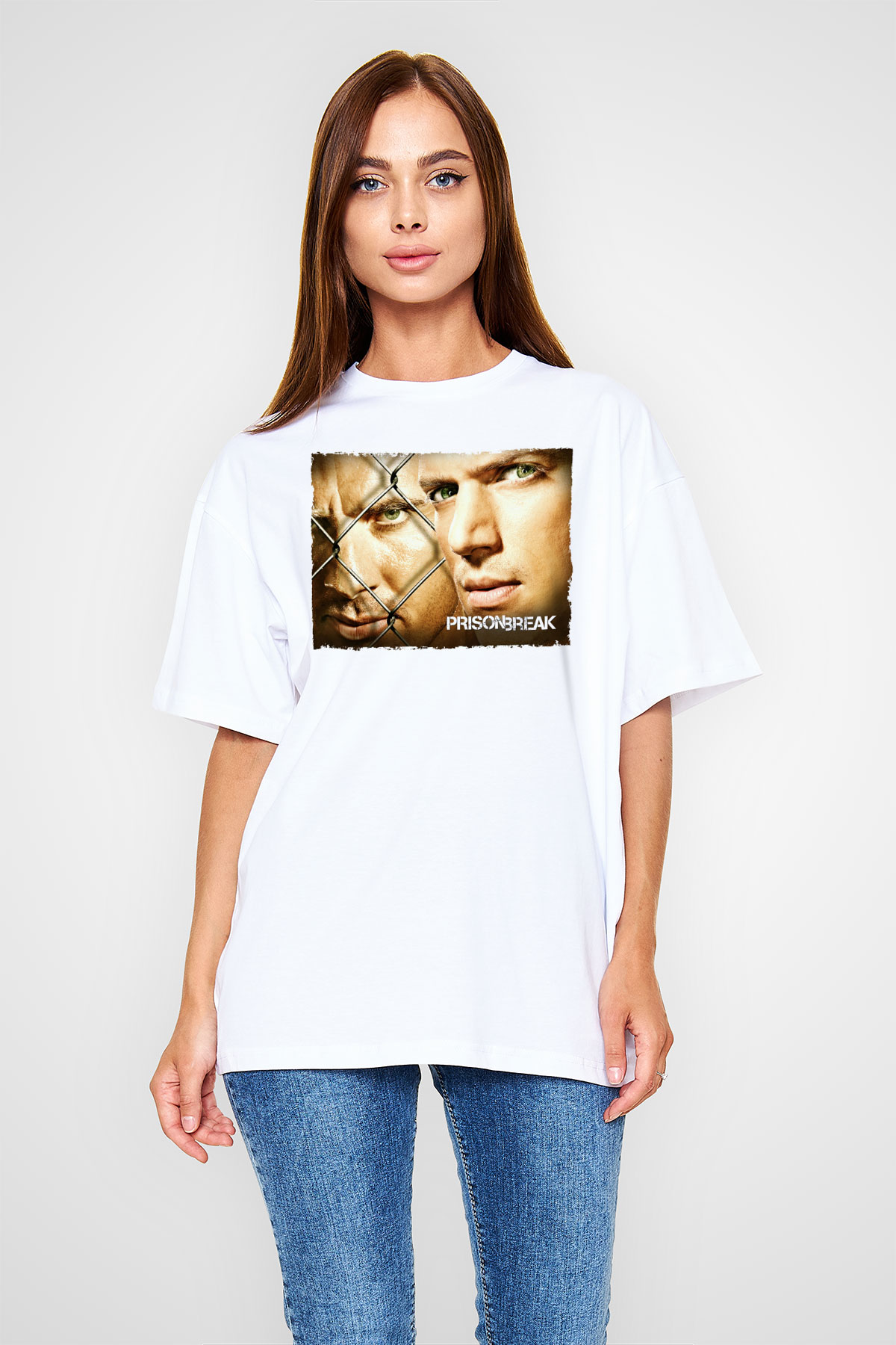 Unisex Prison Break Baskılı Beyaz Oversize Tişört