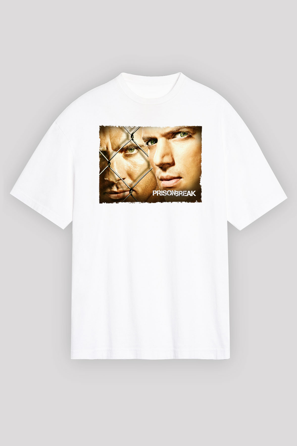 Unisex Prison Break Baskılı Beyaz Oversize Tişört