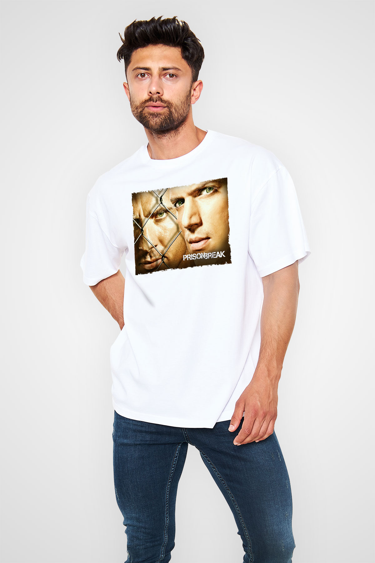 Unisex Prison Break Baskılı Beyaz Oversize Tişört