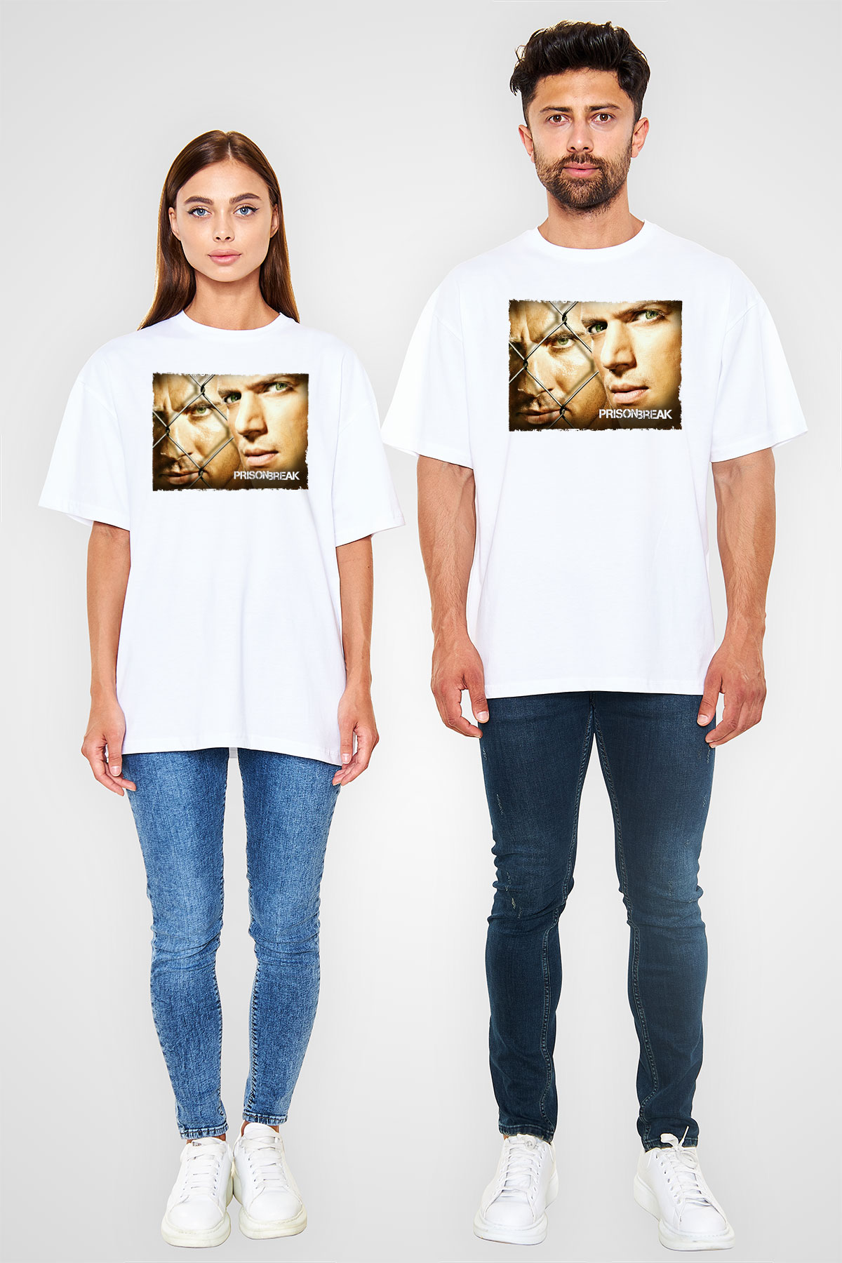 Unisex Prison Break Baskılı Beyaz Oversize Tişört