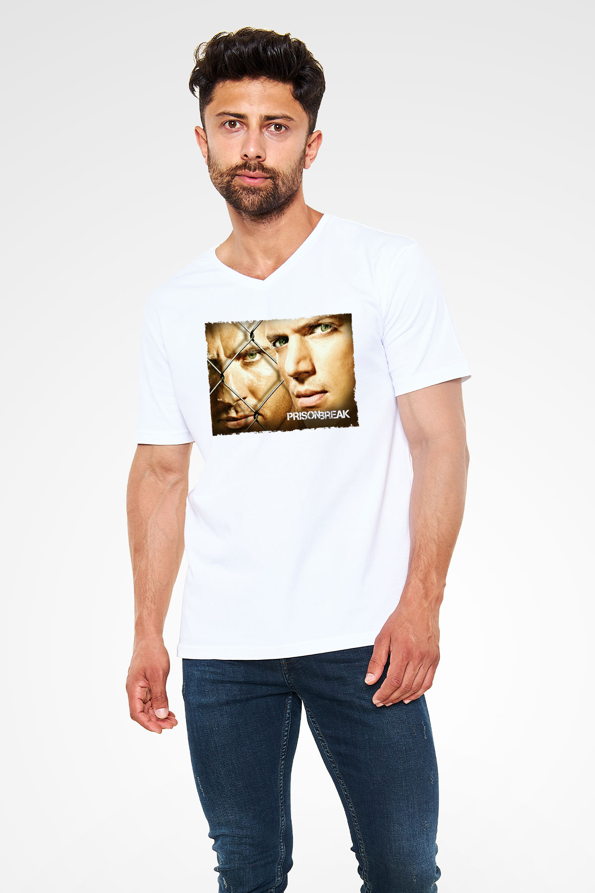 Unisex Prison Break Baskılı Beyaz V Yaka Tişört