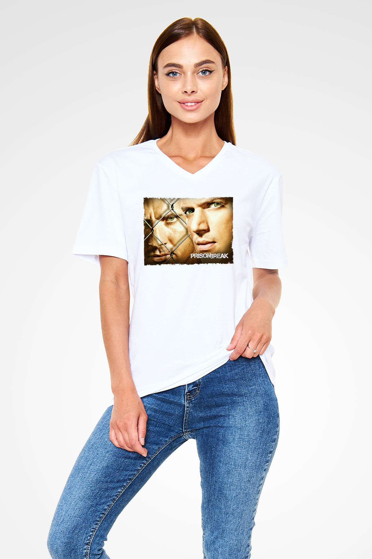 Unisex Prison Break Baskılı Beyaz V Yaka Tişört