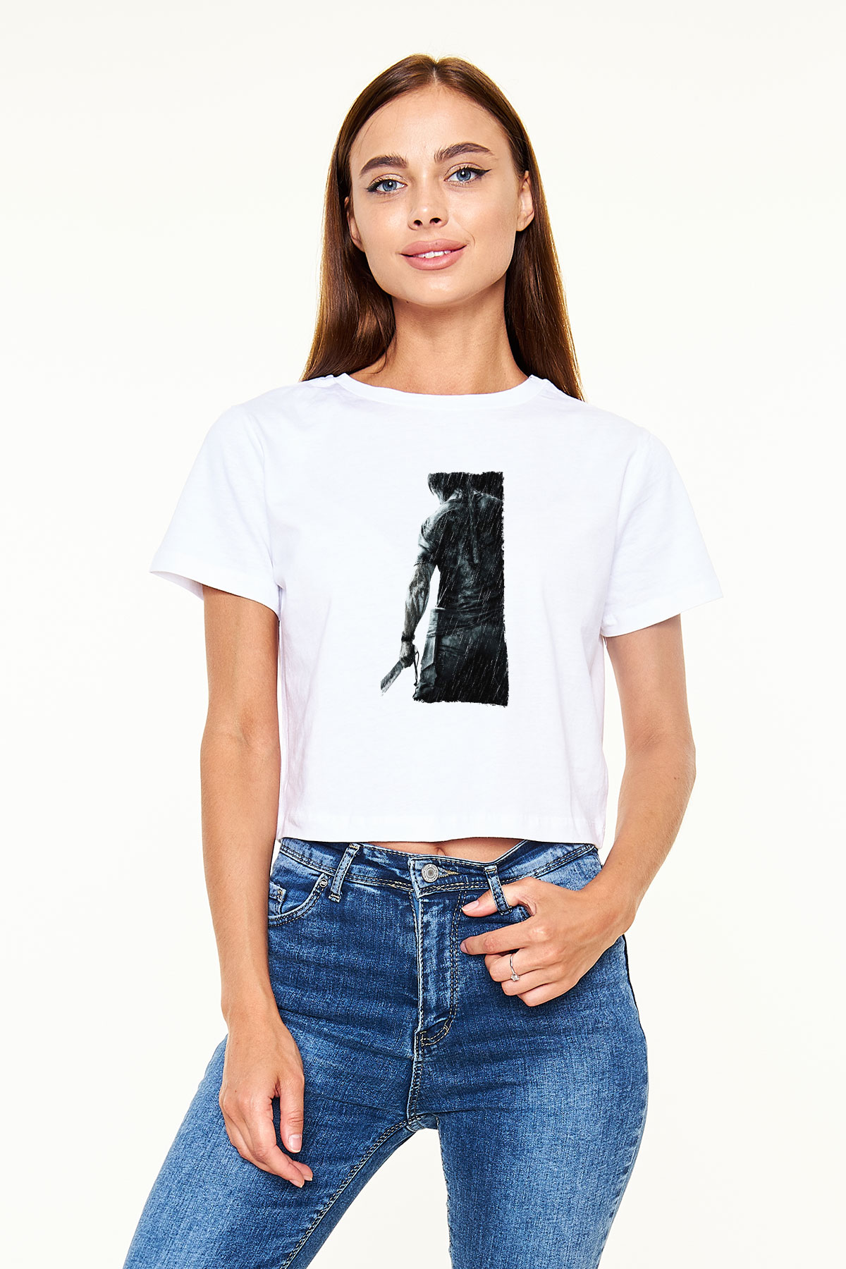 Unisex Rambo Baskılı Beyaz Crop Top Tişört