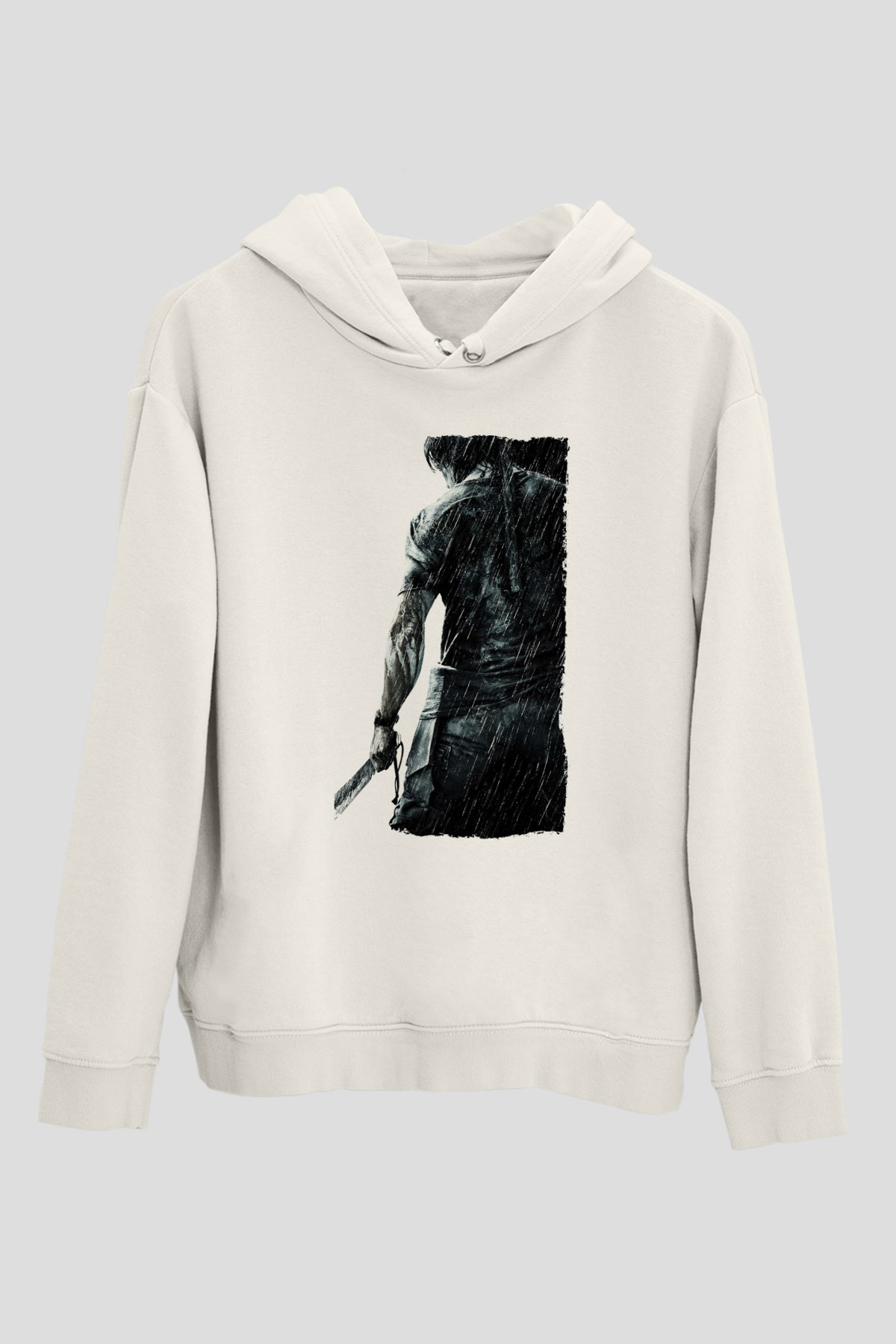 Unisex Rambo Baskılı Beyaz Kapüşonlu Sweatshirt