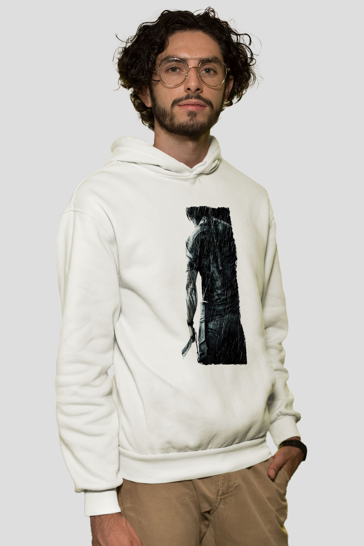 Unisex Rambo Baskılı Beyaz Kapüşonlu Sweatshirt