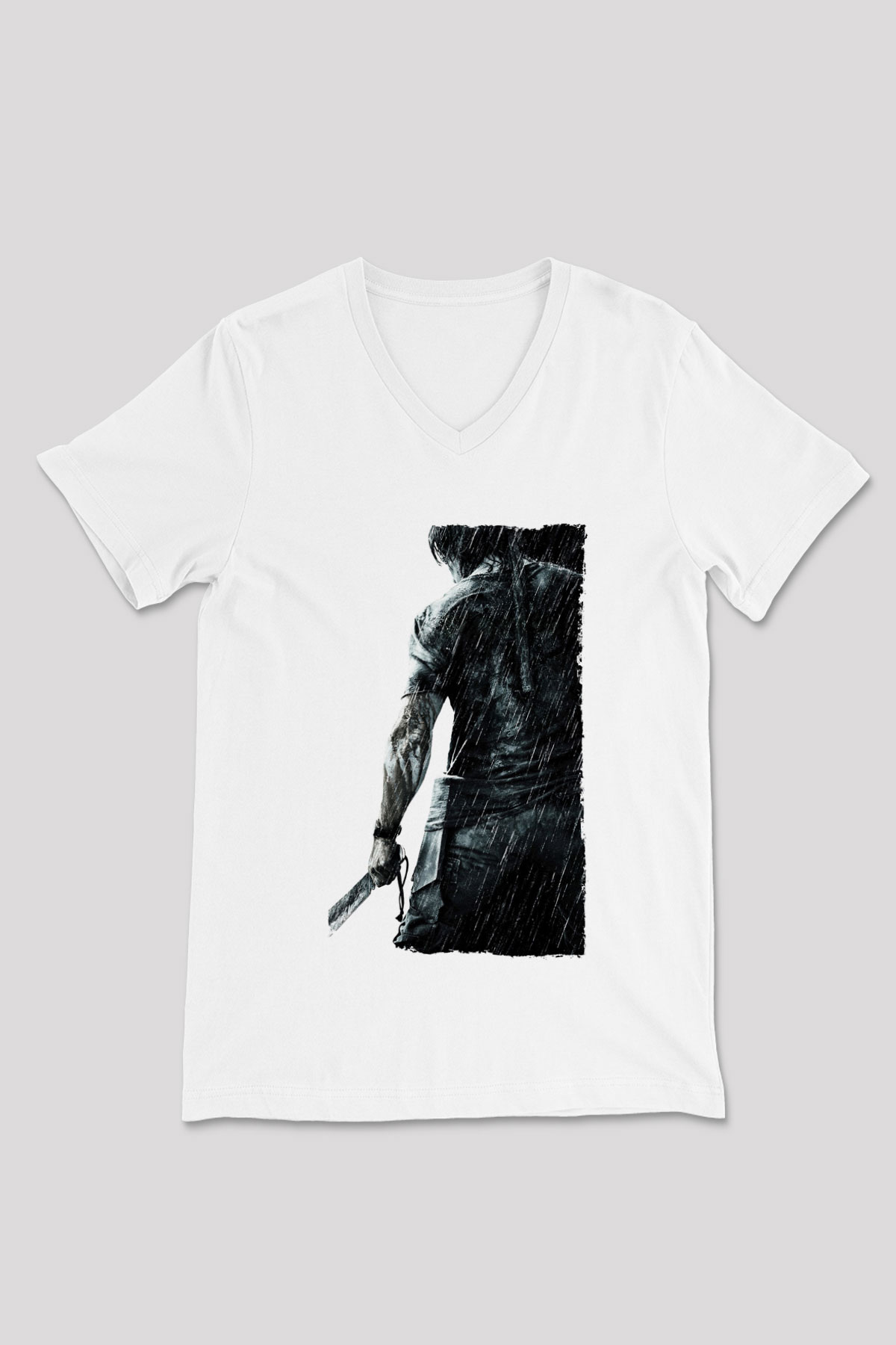 Unisex Rambo Baskılı Beyaz V Yaka Tişört
