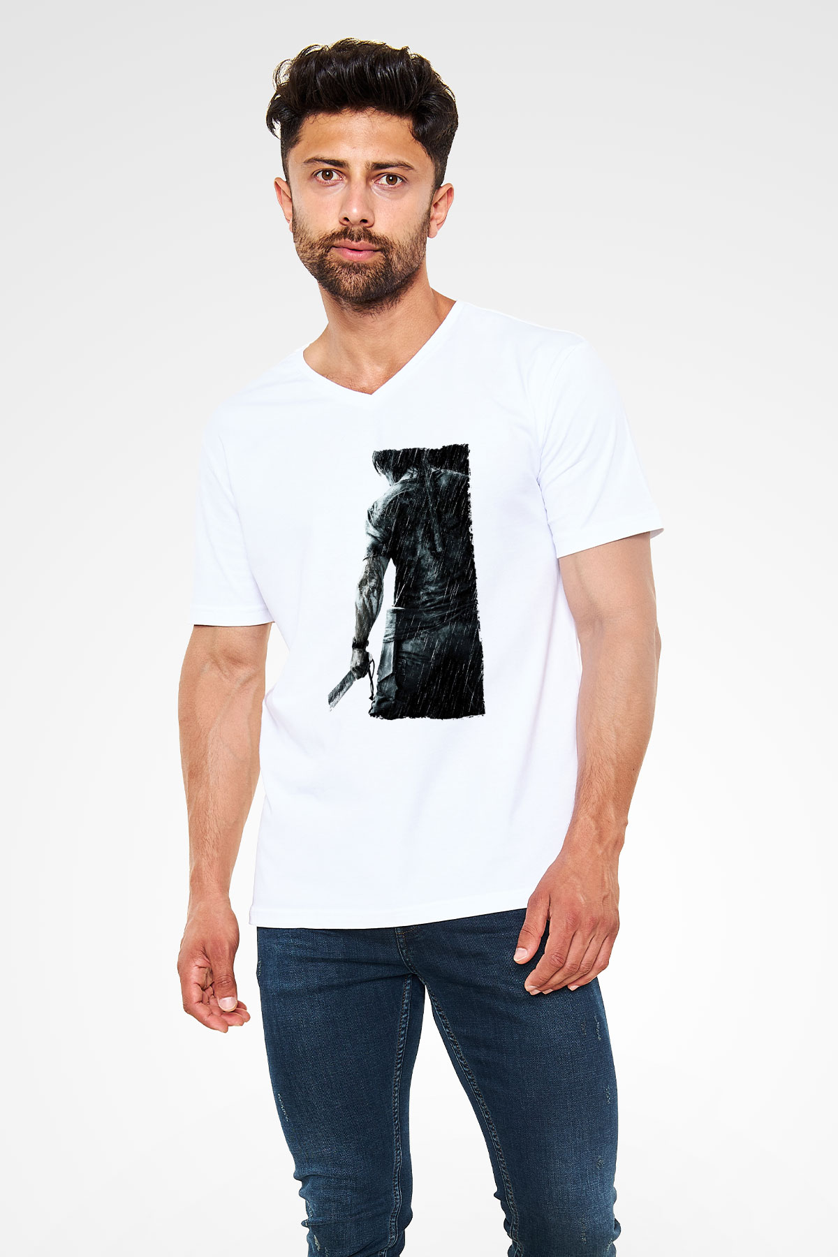 Unisex Rambo Baskılı Beyaz V Yaka Tişört