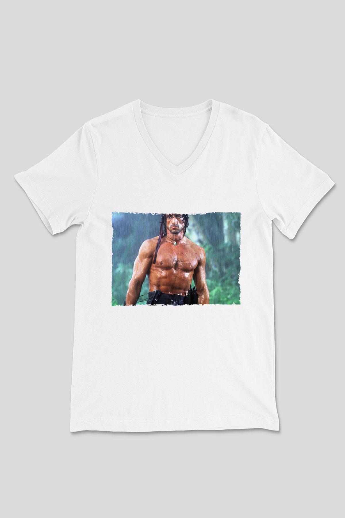Unisex Rambo Baskılı Beyaz V Yaka Tshirt