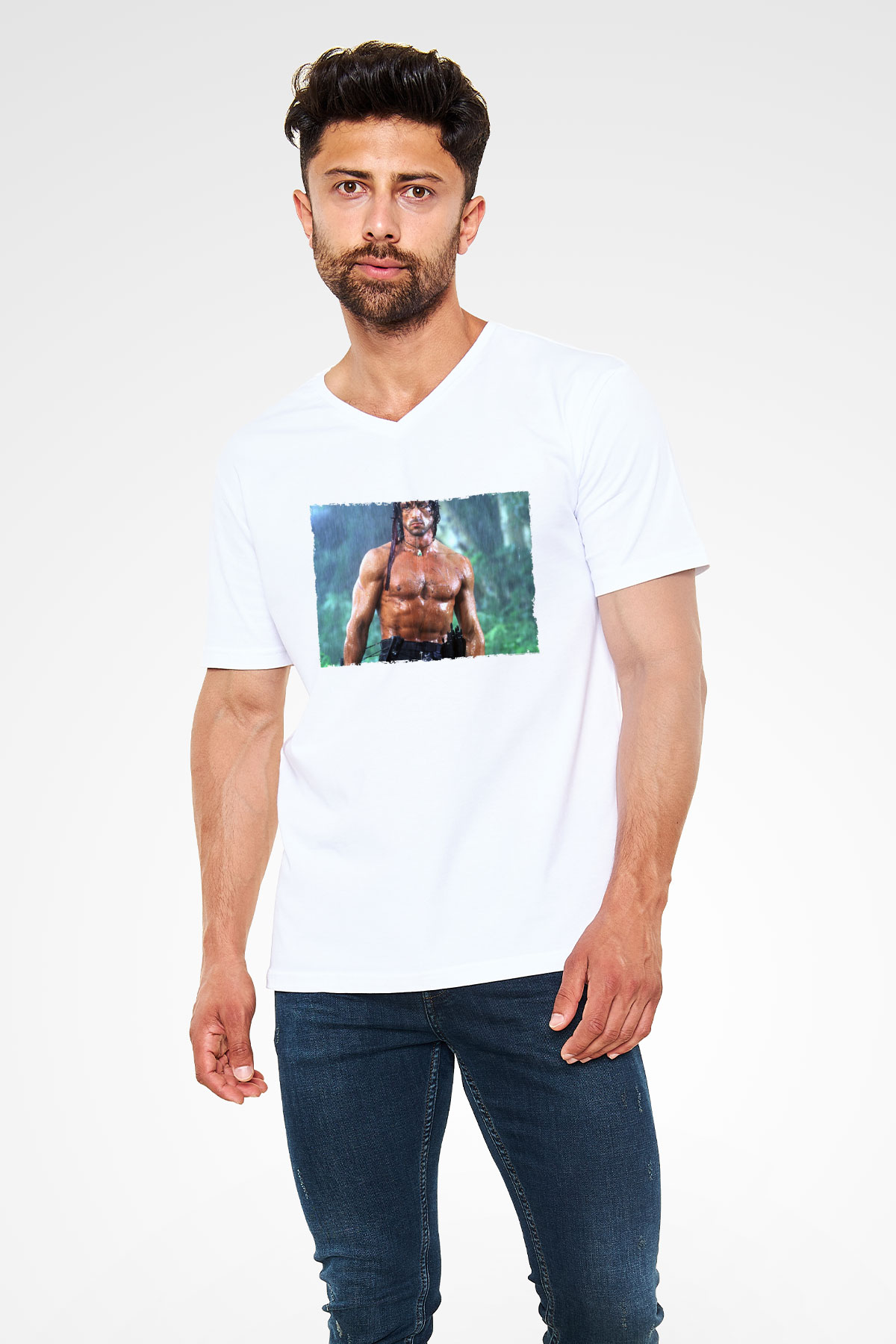 Unisex Rambo Baskılı Beyaz V Yaka Tshirt