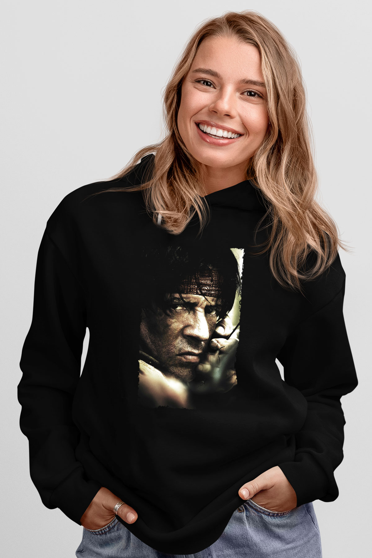 Unisex Rambo Baskılı Siyah Kapüşonlu Sweatshirt