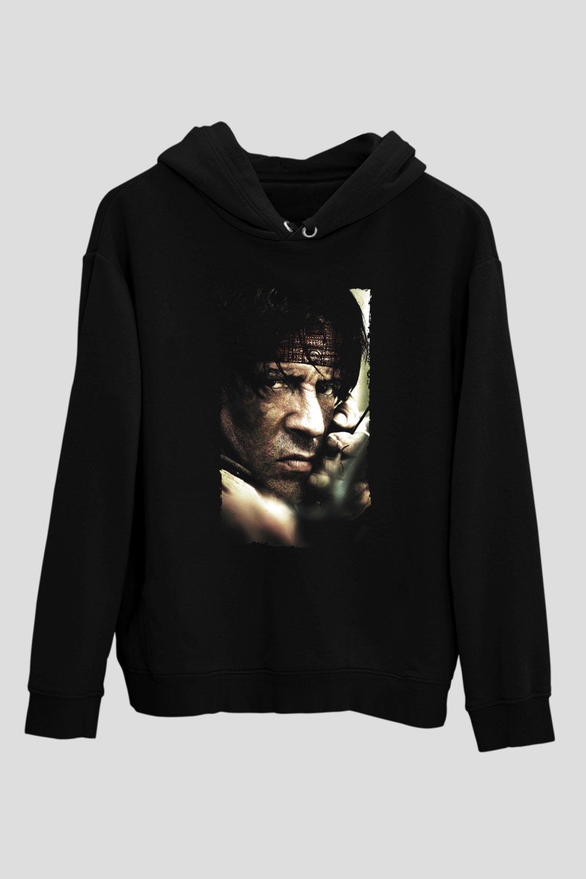 Unisex Rambo Baskılı Siyah Kapüşonlu Sweatshirt