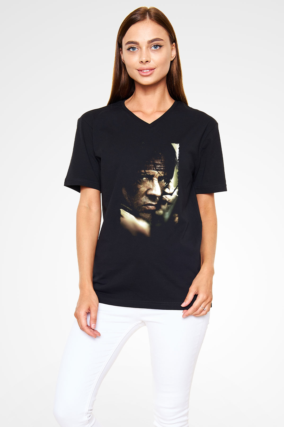 Unisex Rambo Baskılı Siyah V Yaka T-shirt
