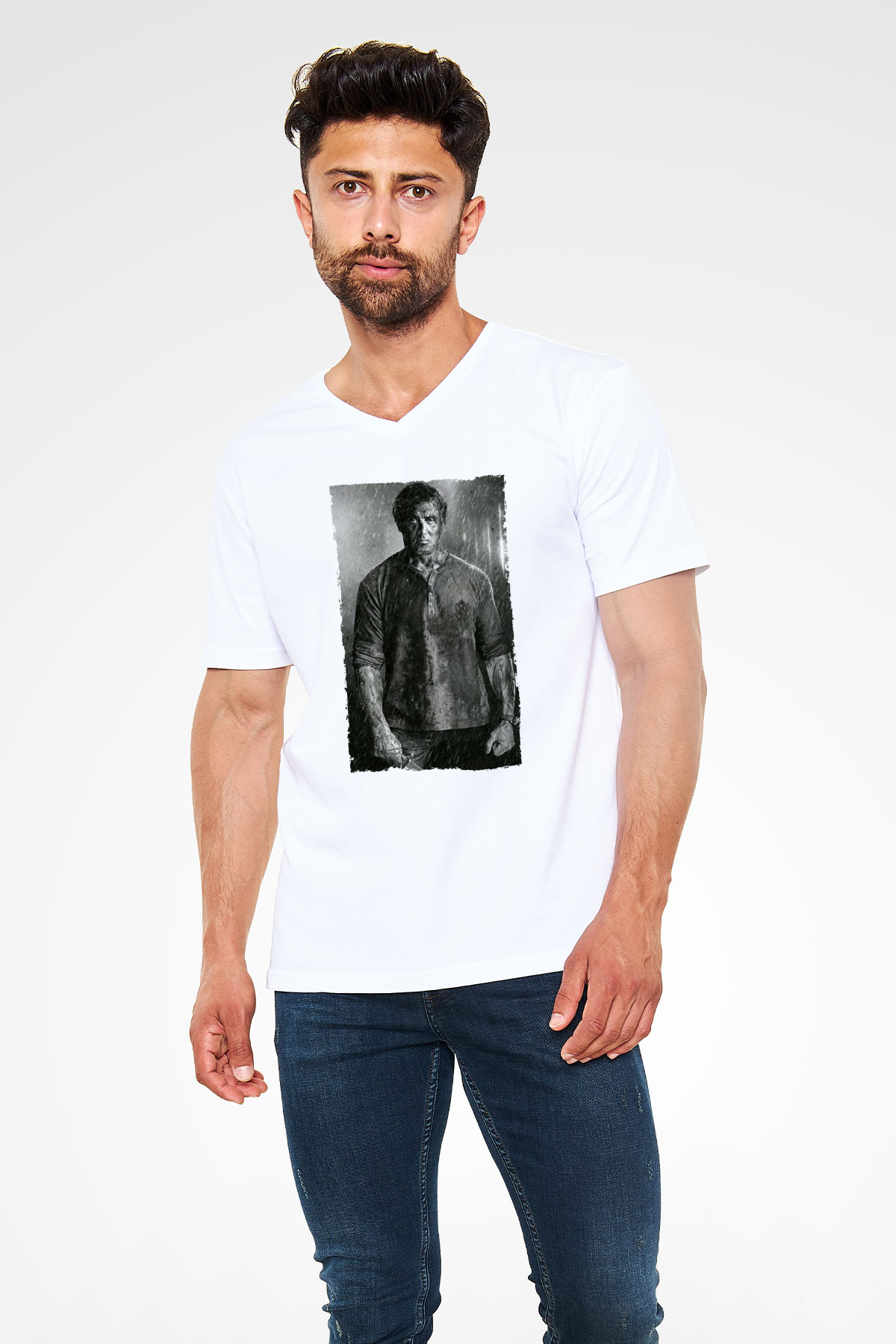 Unisex Rambo Son Kan (Rambo Last Blood) Baskılı Beyaz V Yaka Tişört