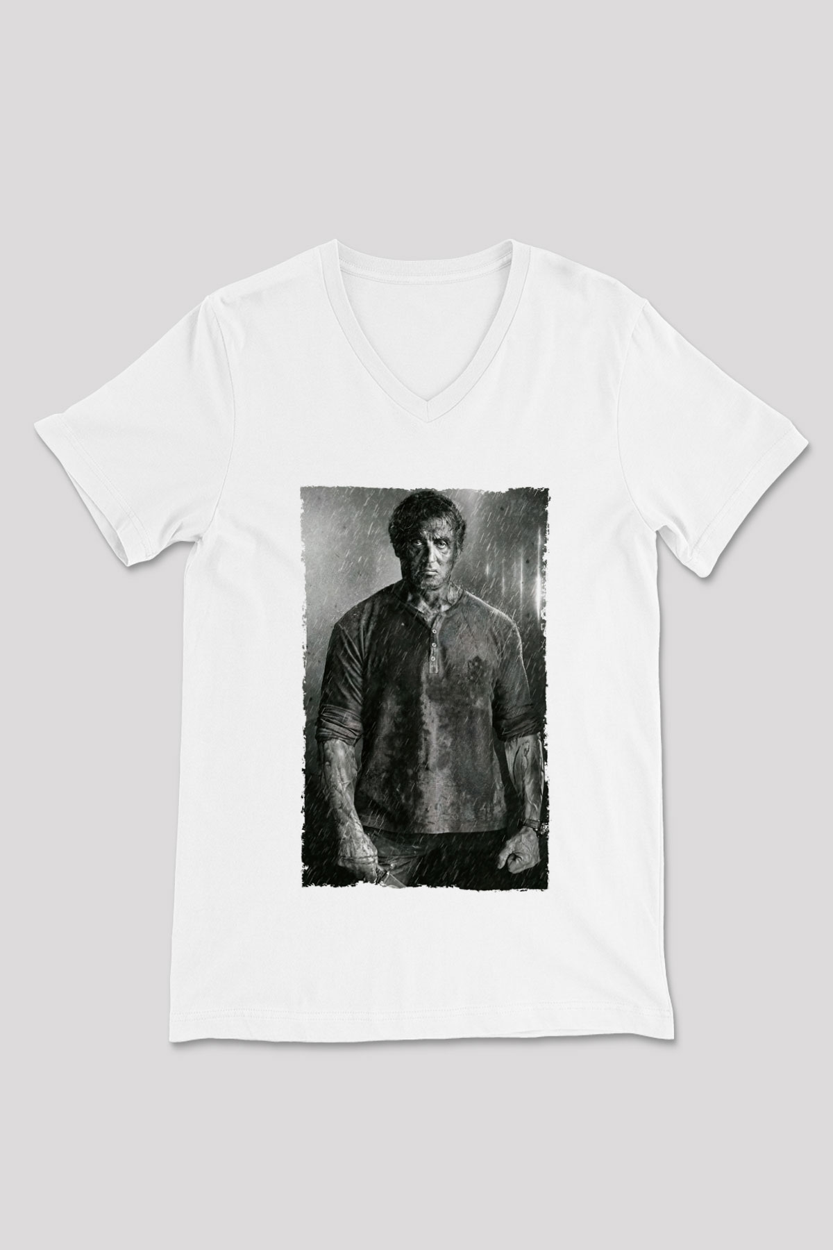 Unisex Rambo Son Kan (Rambo Last Blood) Baskılı Beyaz V Yaka Tişört