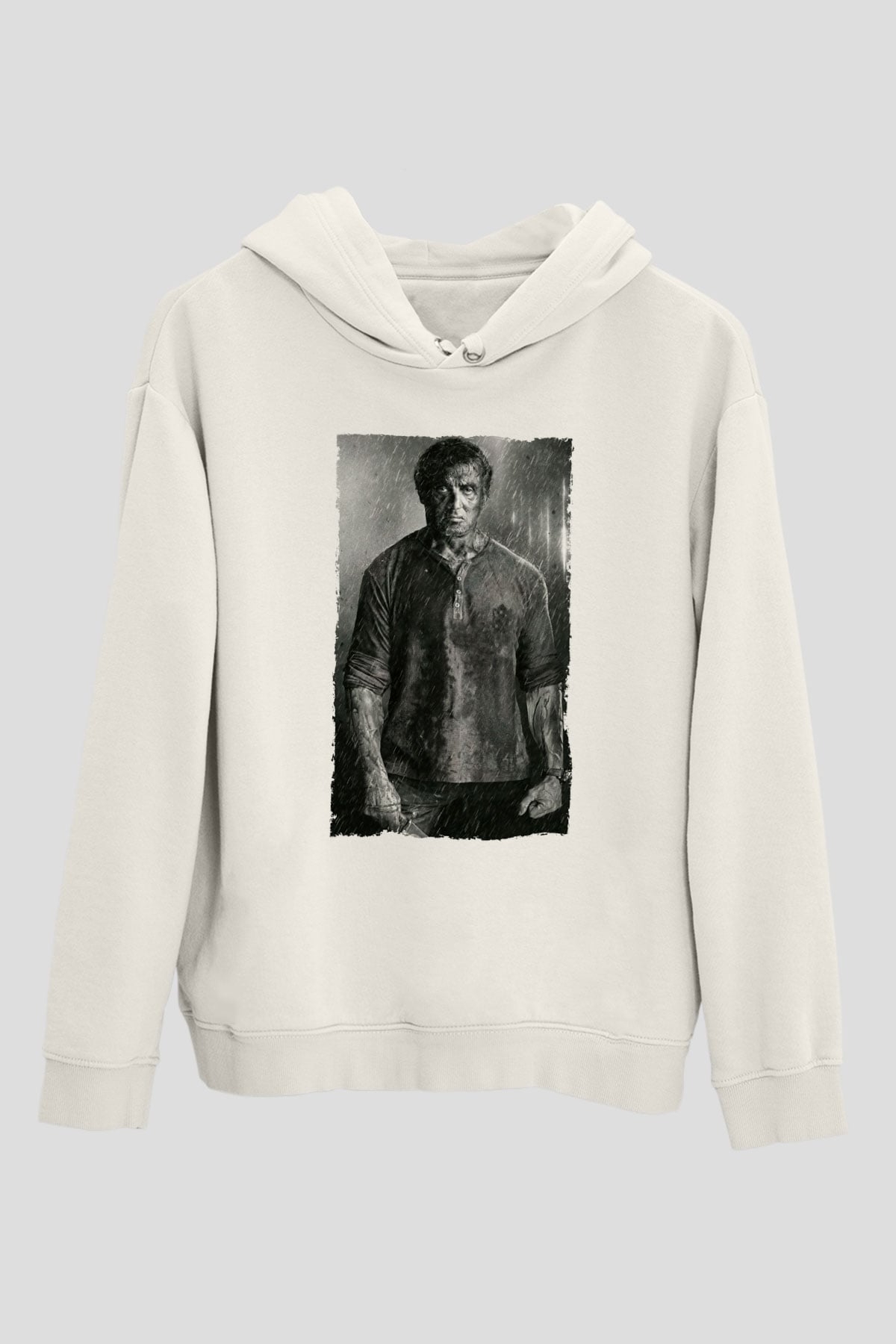 Unisex Rambo Son Kan (Rambo Last Blood) Baskılı Beyaz Kapüşonlu Sweatshirt