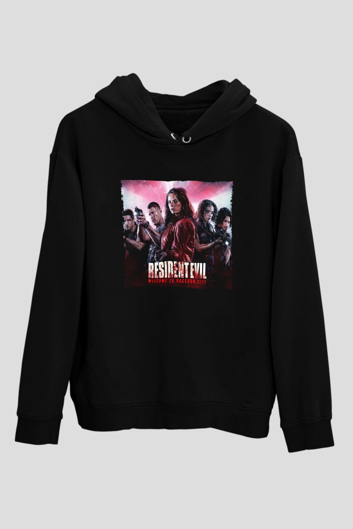 Unisex Resident Evil Raccoon Şehri (Resident Evil Welcome to Raccoon City) Baskılı Siyah Kapüşonlu Sweatshirt